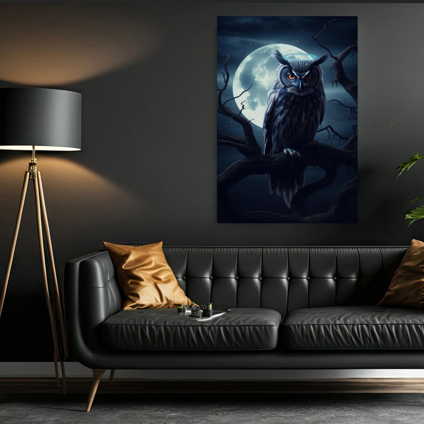 Black Owl Angel Moonlight Dark Canvas Art Print - Dark Surreal Owl Halloween Print Gift