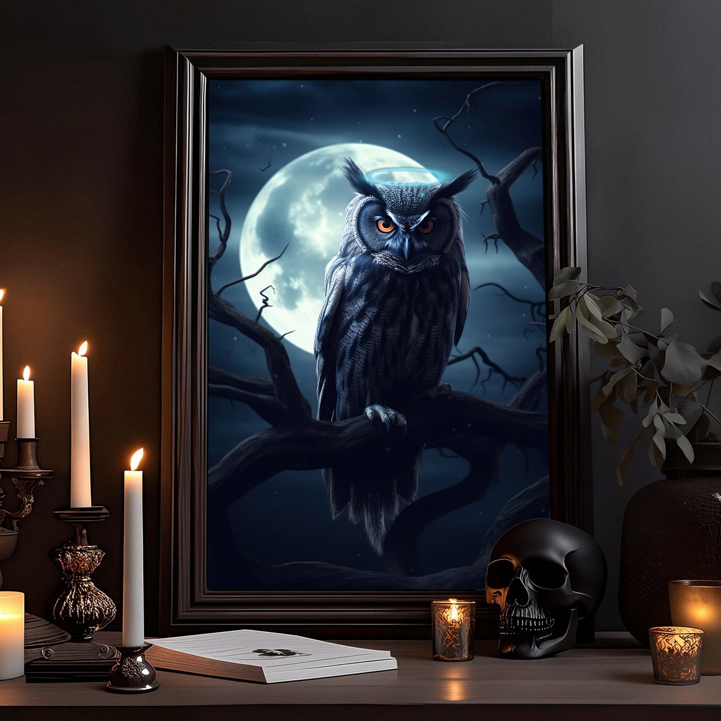 Black Owl Angel Moonlight Dark Canvas Art Print - Dark Surreal Owl Halloween Print Gift