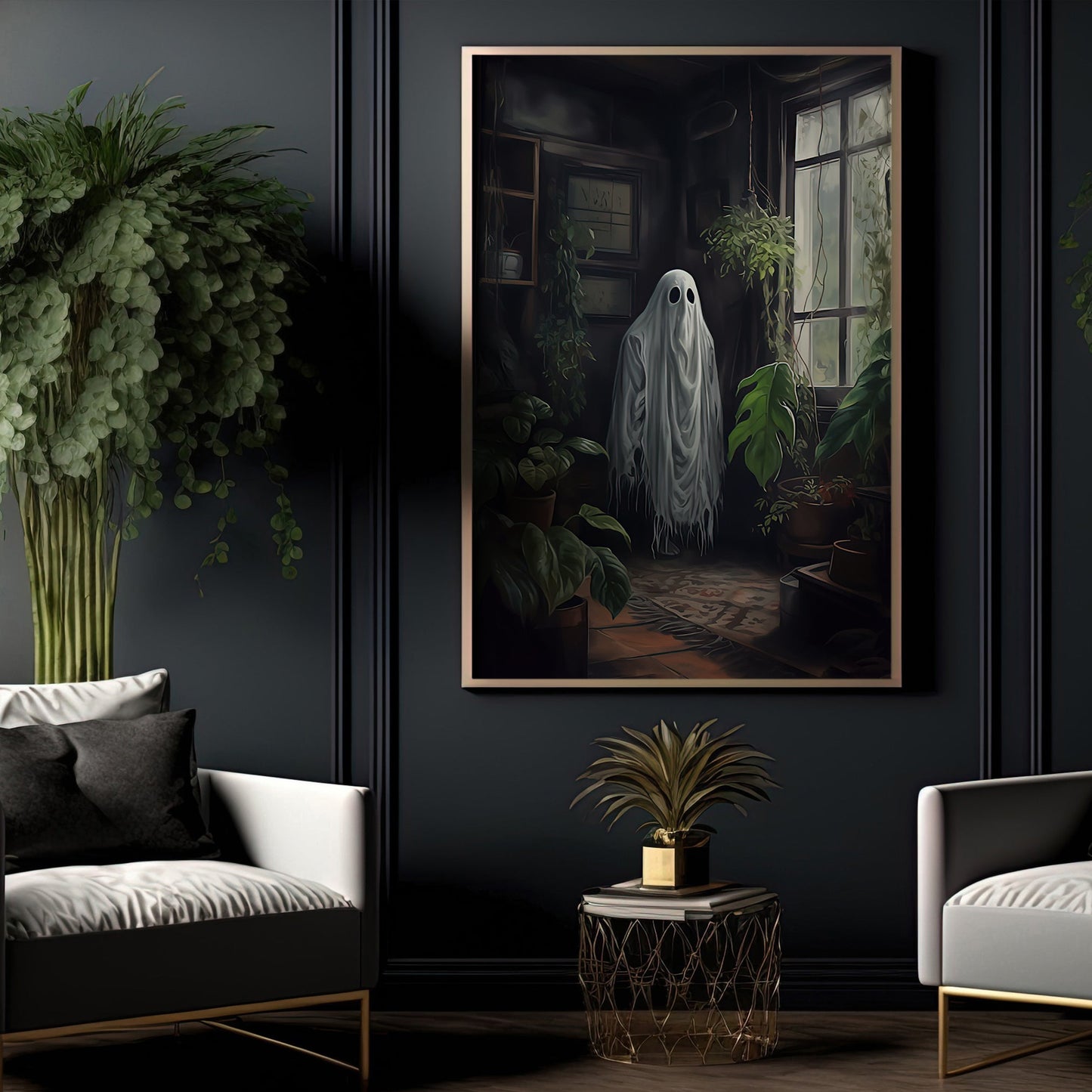 Dark Ghost Stay Beside Window Halloween Canvas Painting, Wall Art Decor - Halloween Poster Gift