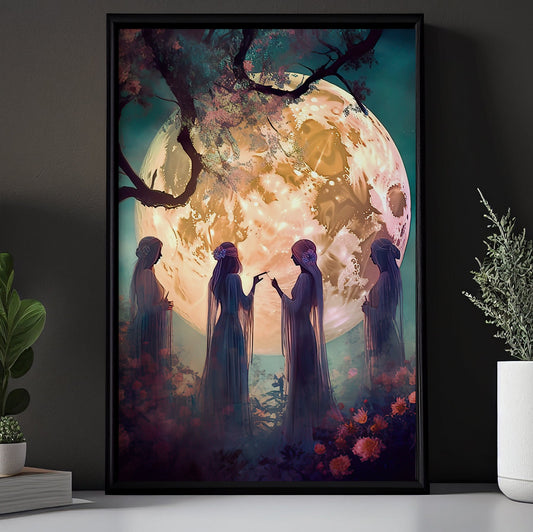 Fairies Under Moon Talking Mythical Canvas Painting, Wall Art Decor - Victorian Goddess Poster Gift