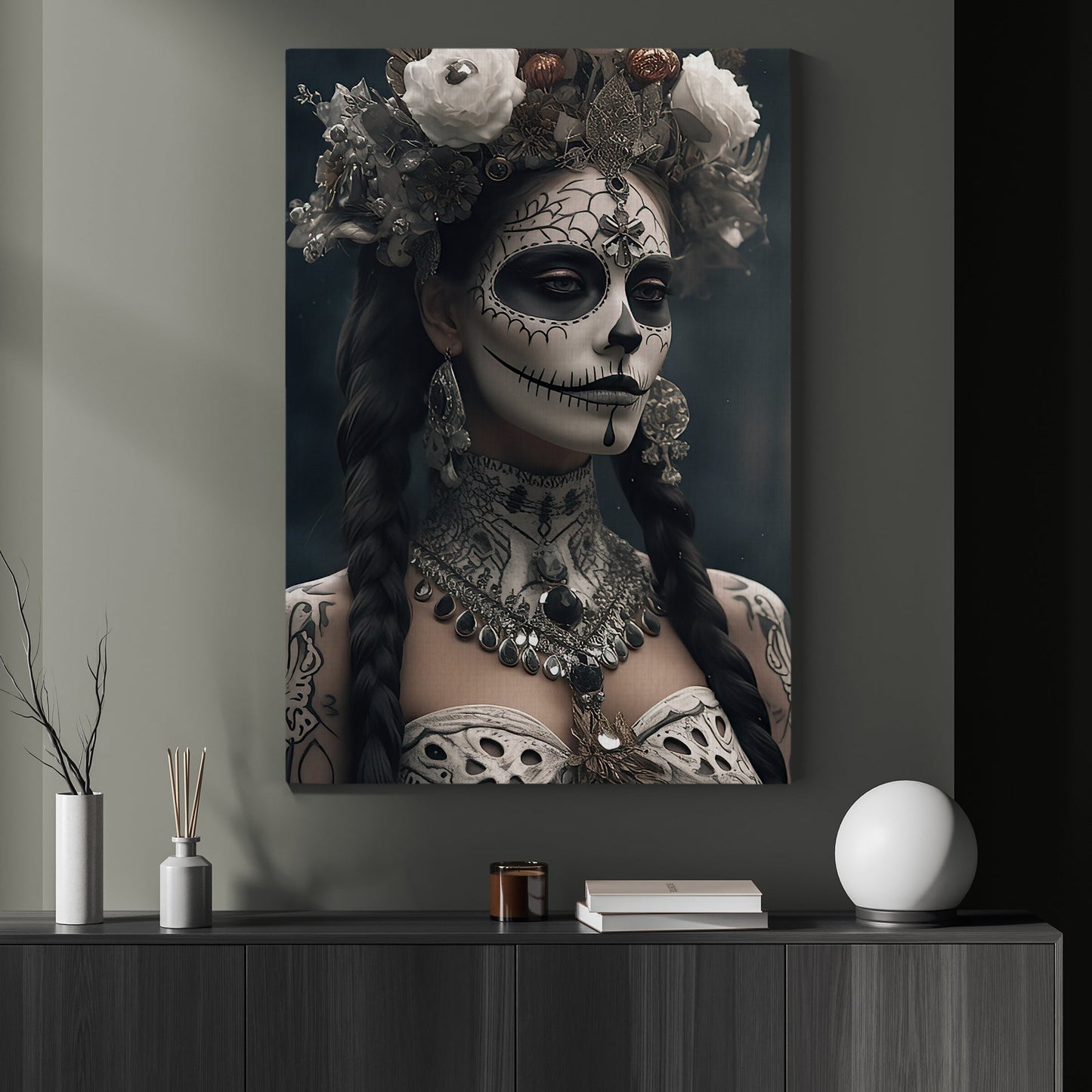 Day Of Death Sugar Skull Mythical, Canvas Painting, Wall Art Decor - Dia de los Muertos Victorian Poster Gift