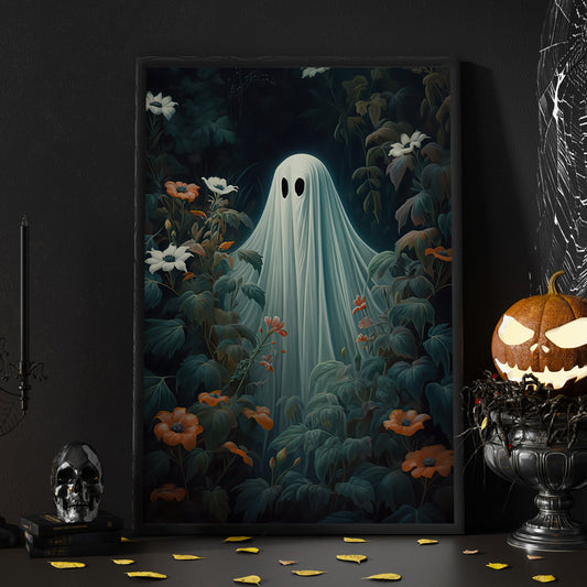 Baby Ghost In Flowers Garden Vintage Halloween Canvas Painting, Wall Art Decor - Dark Surreal Ghost Halloween Poster Gift