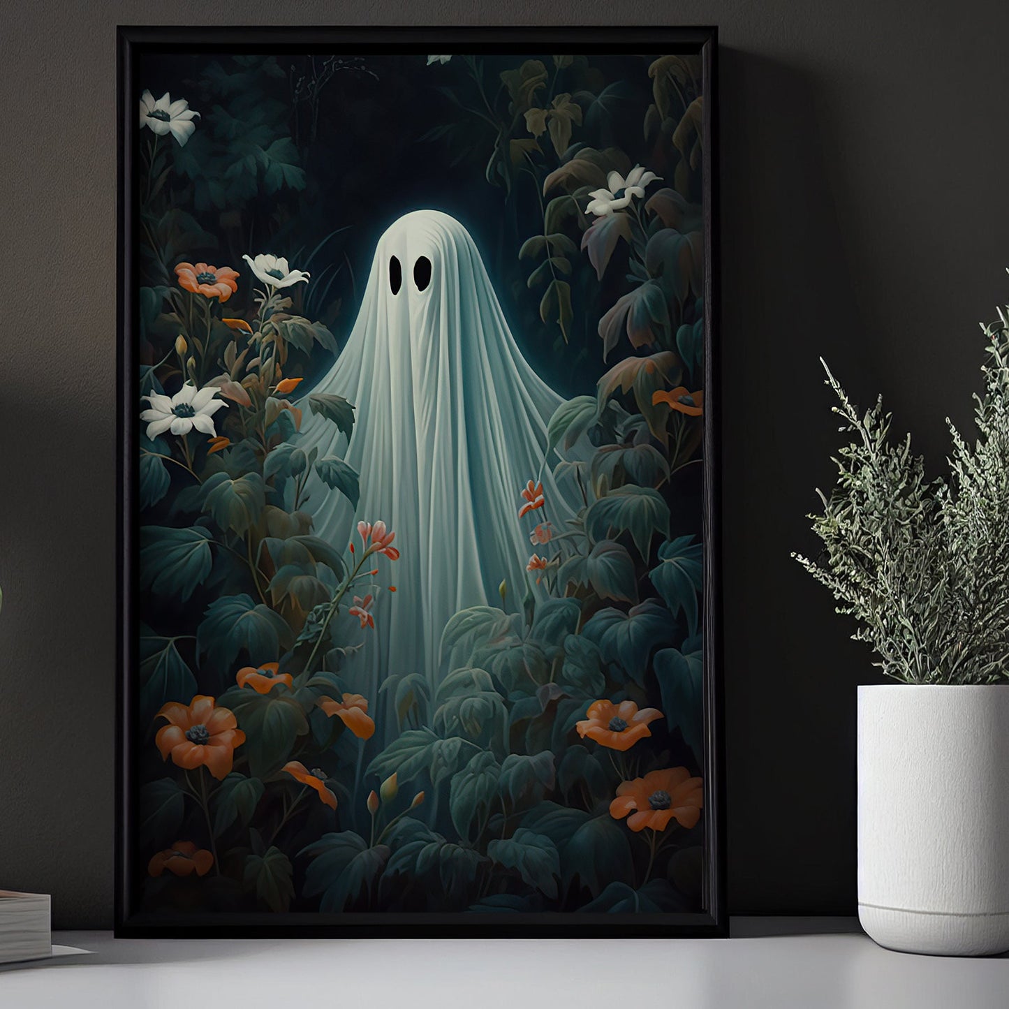 Baby Ghost In Flowers Garden Vintage Halloween Canvas Painting, Wall Art Decor - Dark Surreal Ghost Halloween Poster Gift