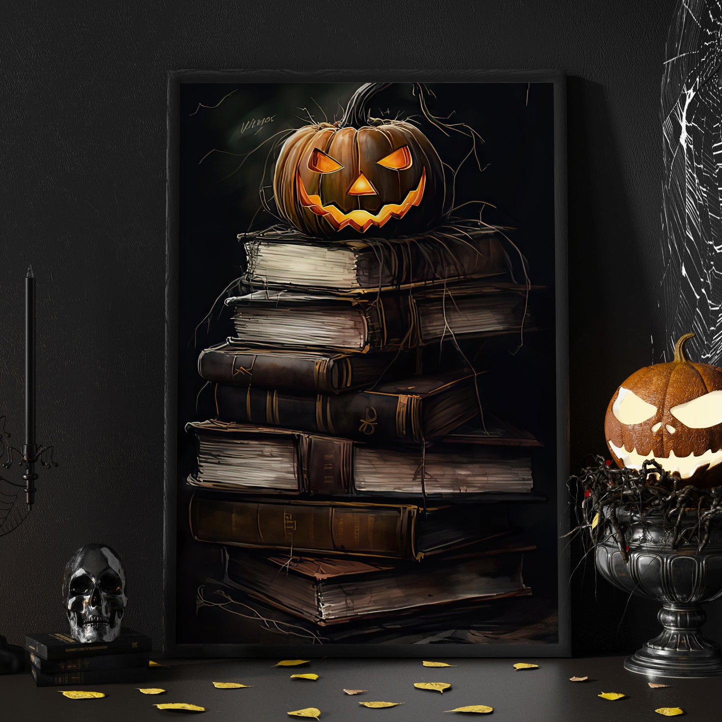 Pumpkin On The Books Halloween Canvas Painting, Wall Art Decor - Halloween Poster Gift