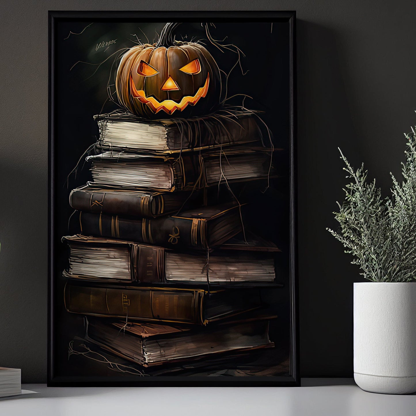 Pumpkin On The Books Halloween Canvas Painting, Wall Art Decor - Halloween Poster Gift