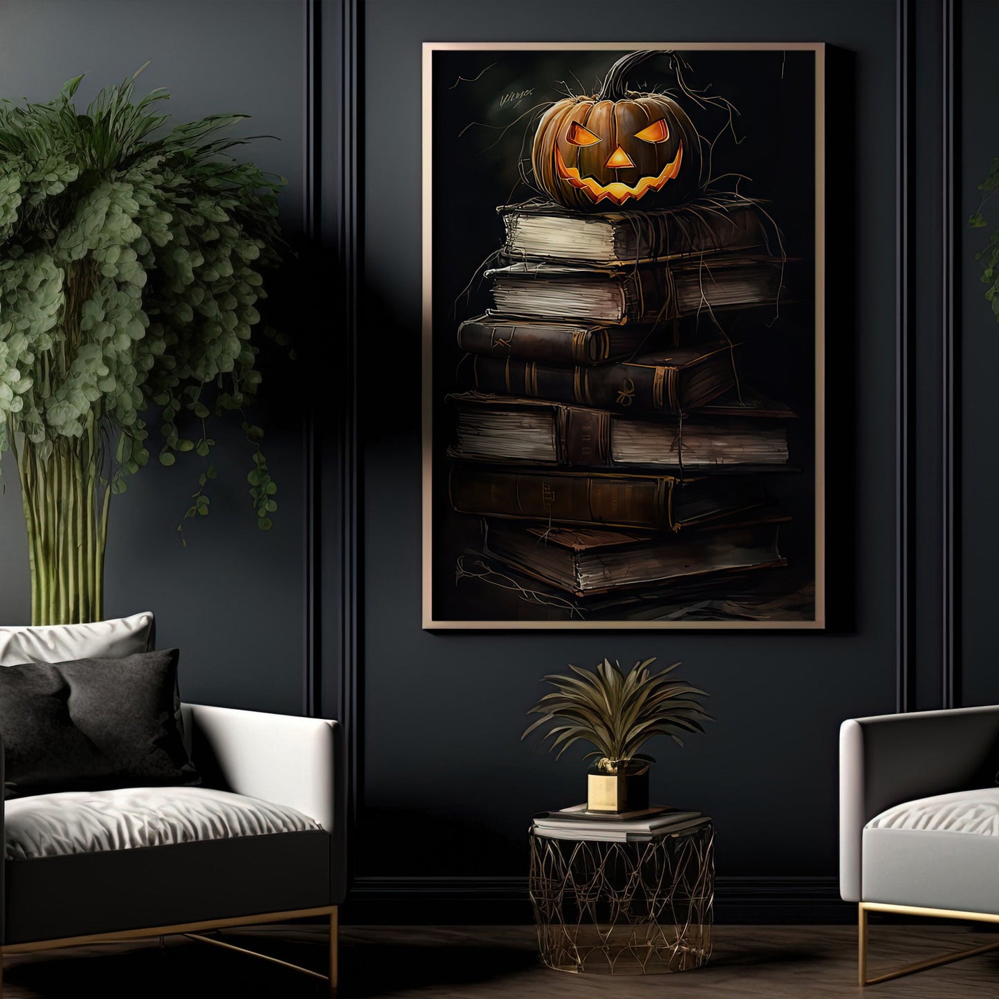 Pumpkin On The Books Halloween Canvas Painting, Wall Art Decor - Halloween Poster Gift