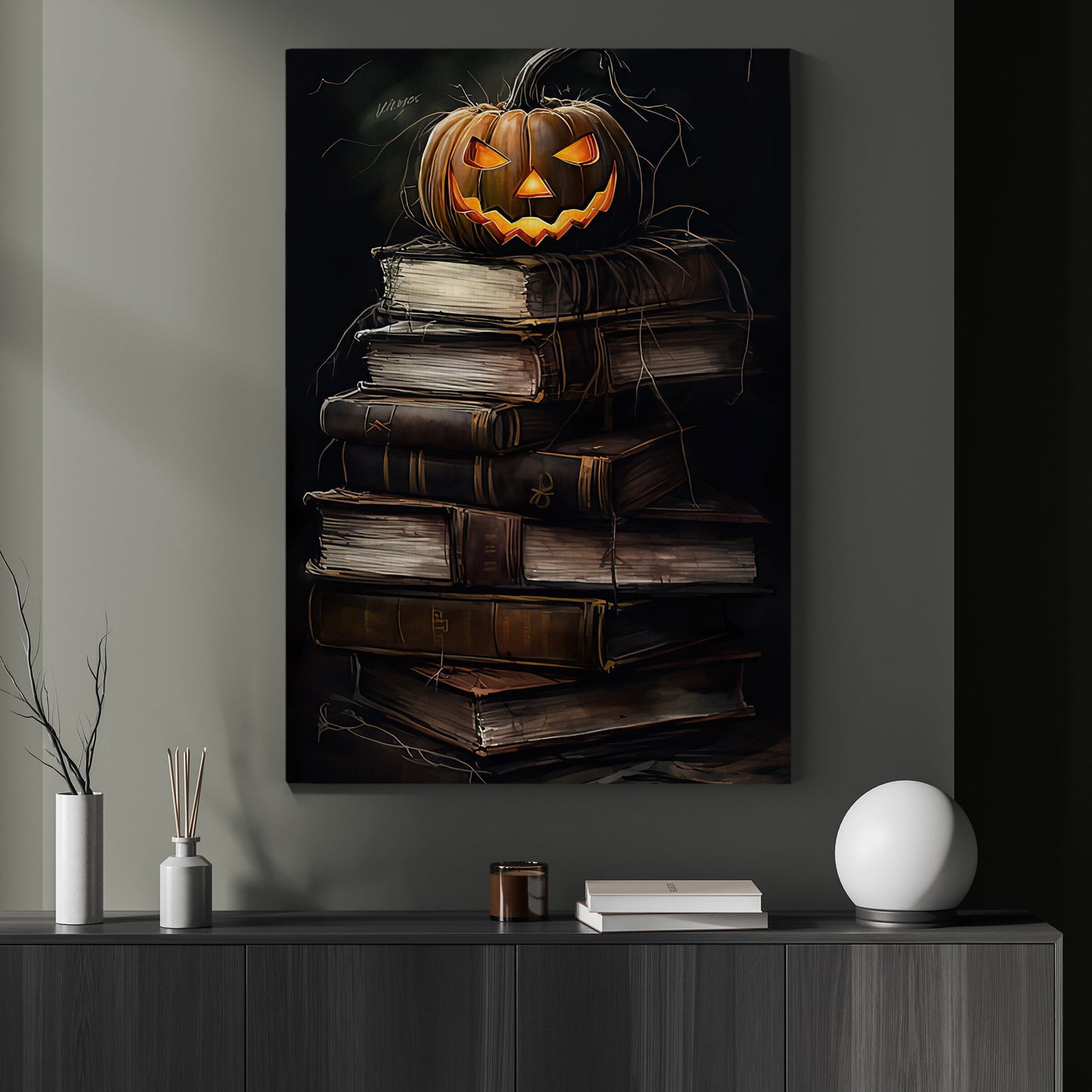 Pumpkin On The Books Halloween Canvas Painting, Wall Art Decor - Halloween Poster Gift