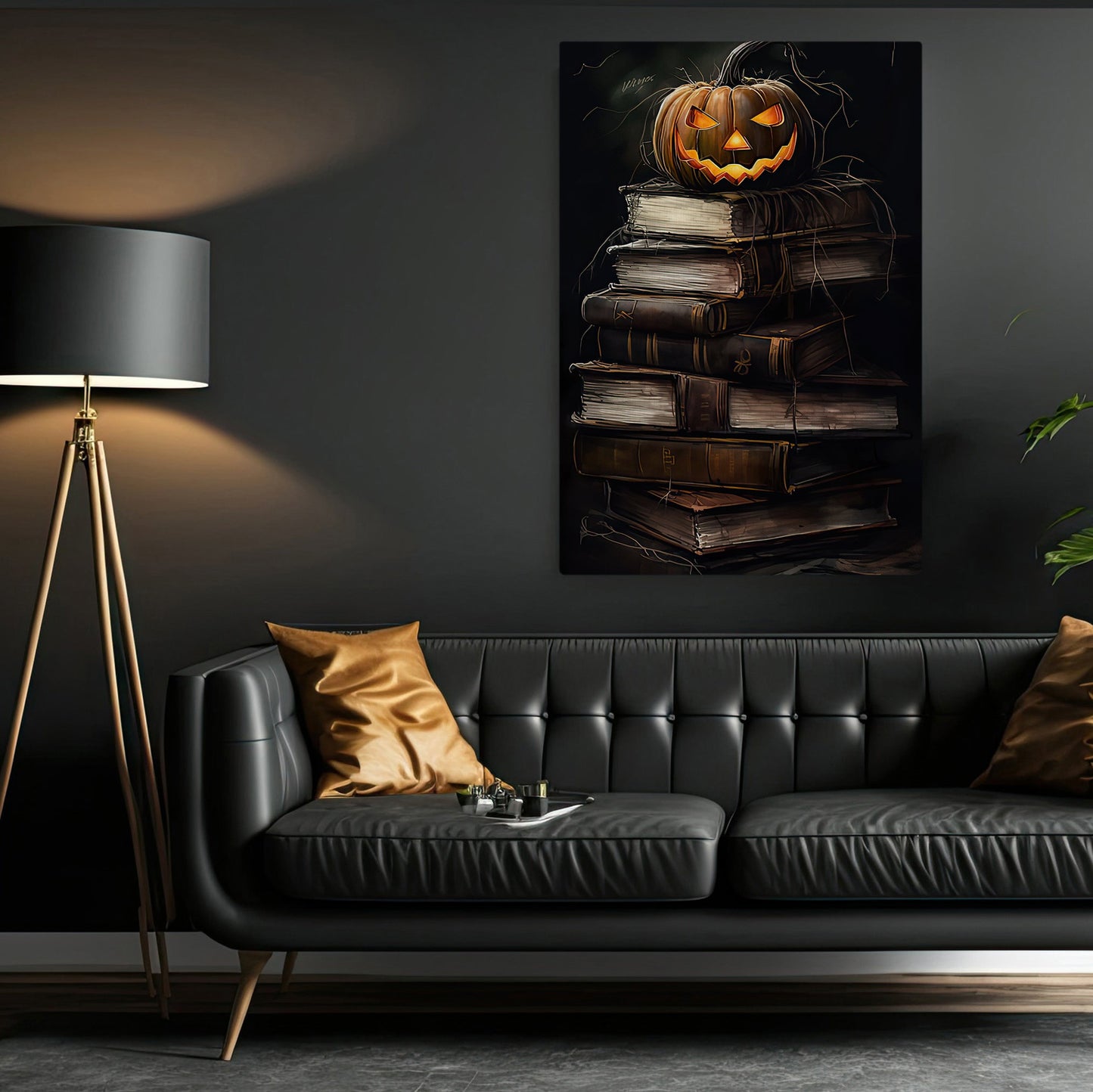 Pumpkin On The Books Halloween Canvas Painting, Wall Art Decor - Halloween Poster Gift