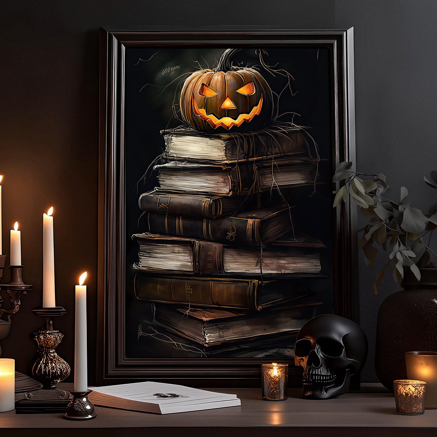 Pumpkin On The Books Halloween Canvas Painting, Wall Art Decor - Halloween Poster Gift