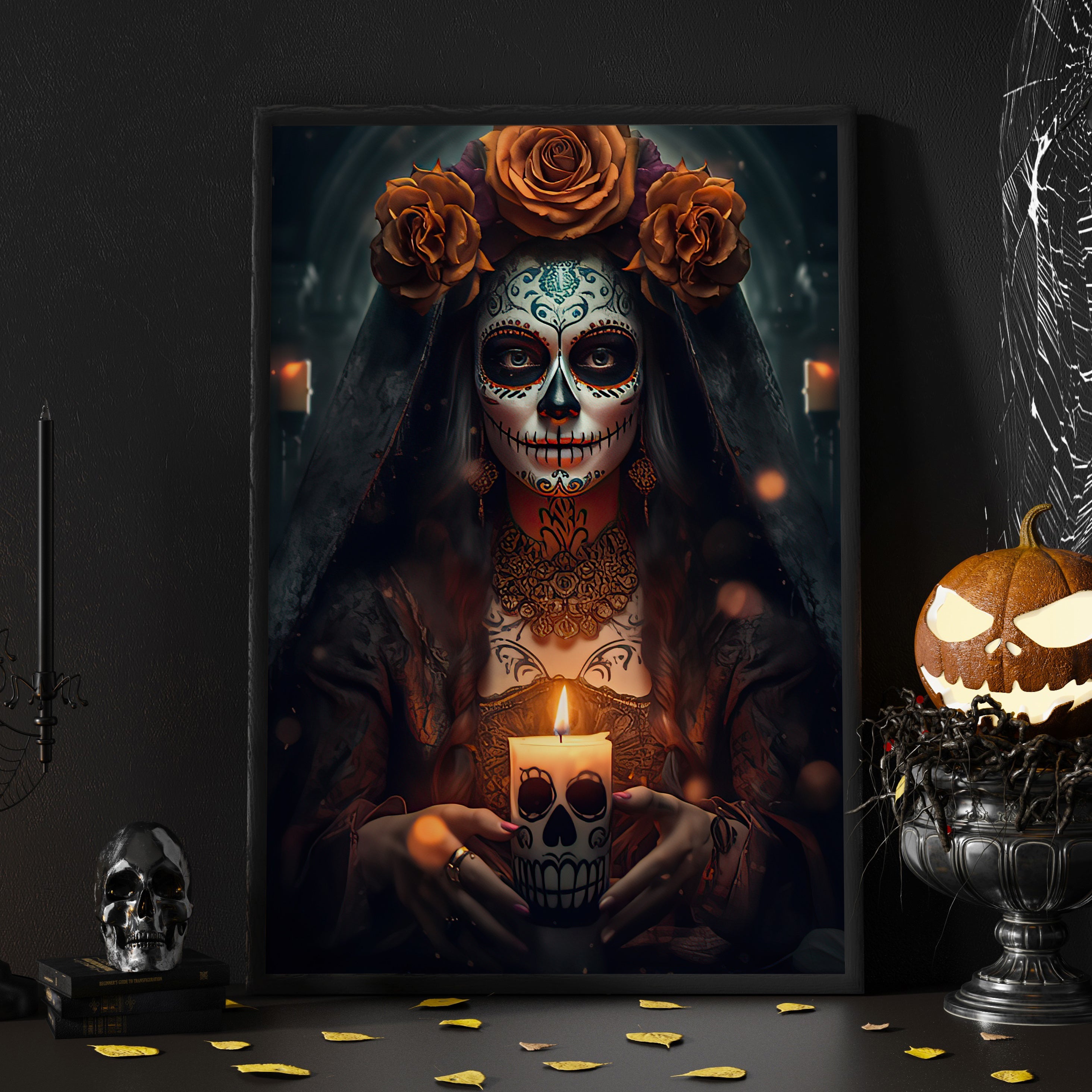 Day Of Death Sugar Skull, Witch Mythical Canvas Painting, Spooky
