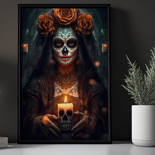 Day Of Death Sugar Skull, Witch Mythical Canvas Painting, Spooky Wall Art Decor - Dia de los Muertos Victorian Halloween Poster Gift