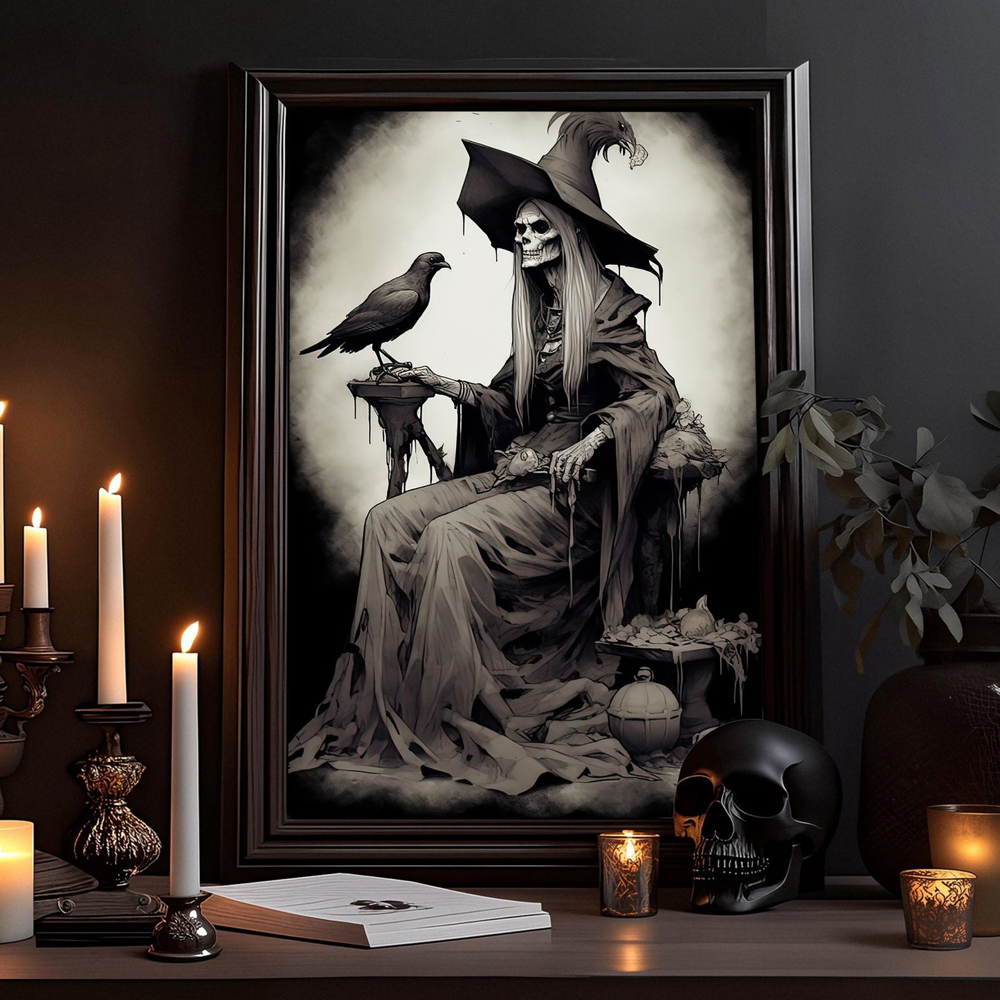 The Skull Witch Black And White Halloween Canvas Painting, Wall Art Decor - Dark Academia Classic Skeleton Witchy Halloween Poster Gift