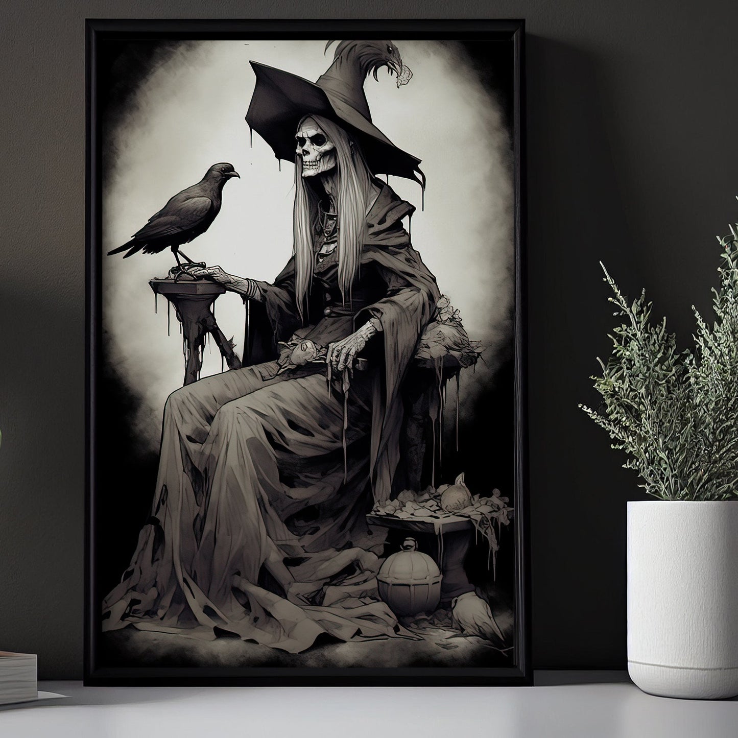 The Skull Witch Black And White Halloween Canvas Painting, Wall Art Decor - Dark Academia Classic Skeleton Witchy Halloween Poster Gift