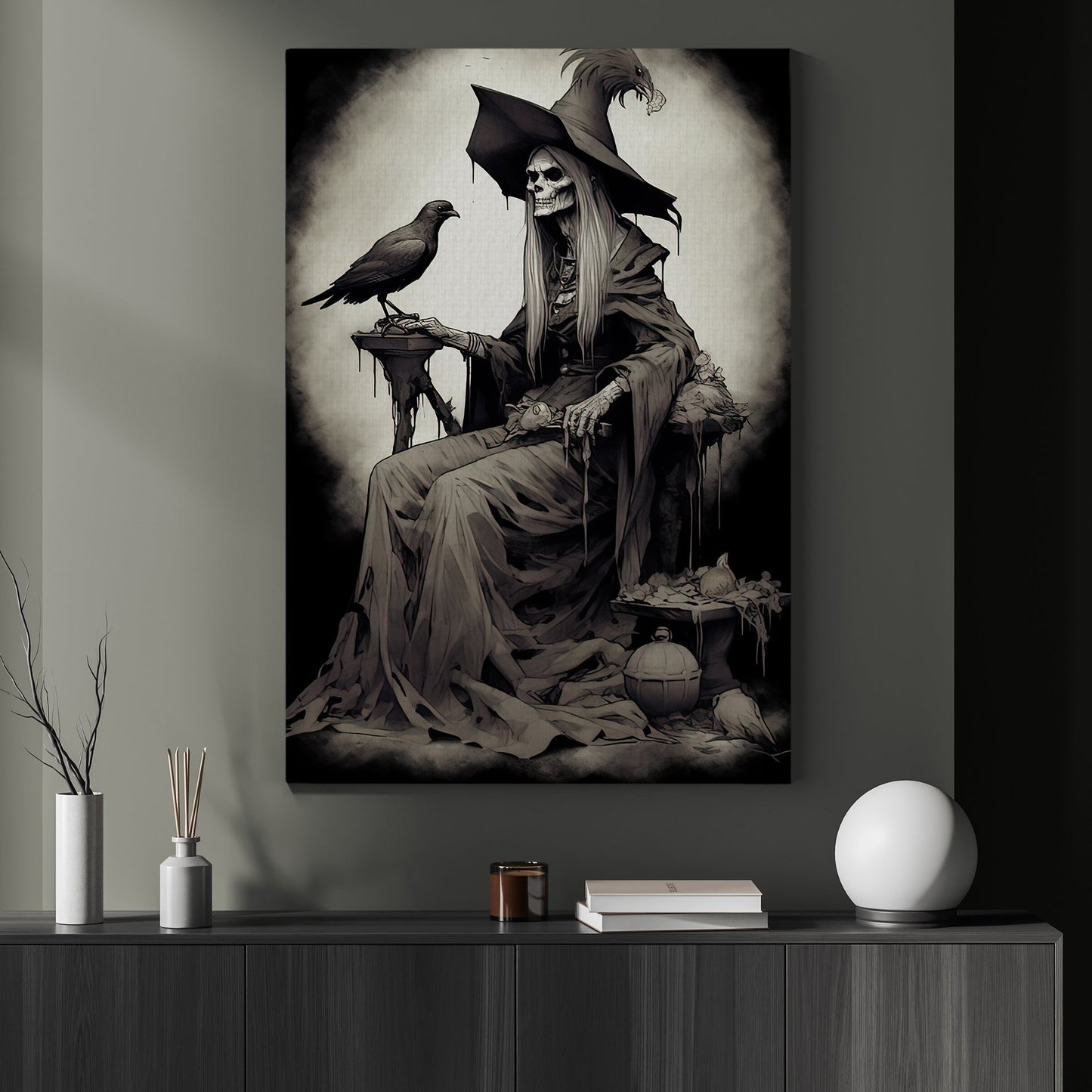 The Skull Witch Black And White Halloween Canvas Painting, Wall Art Decor - Dark Academia Classic Skeleton Witchy Halloween Poster Gift