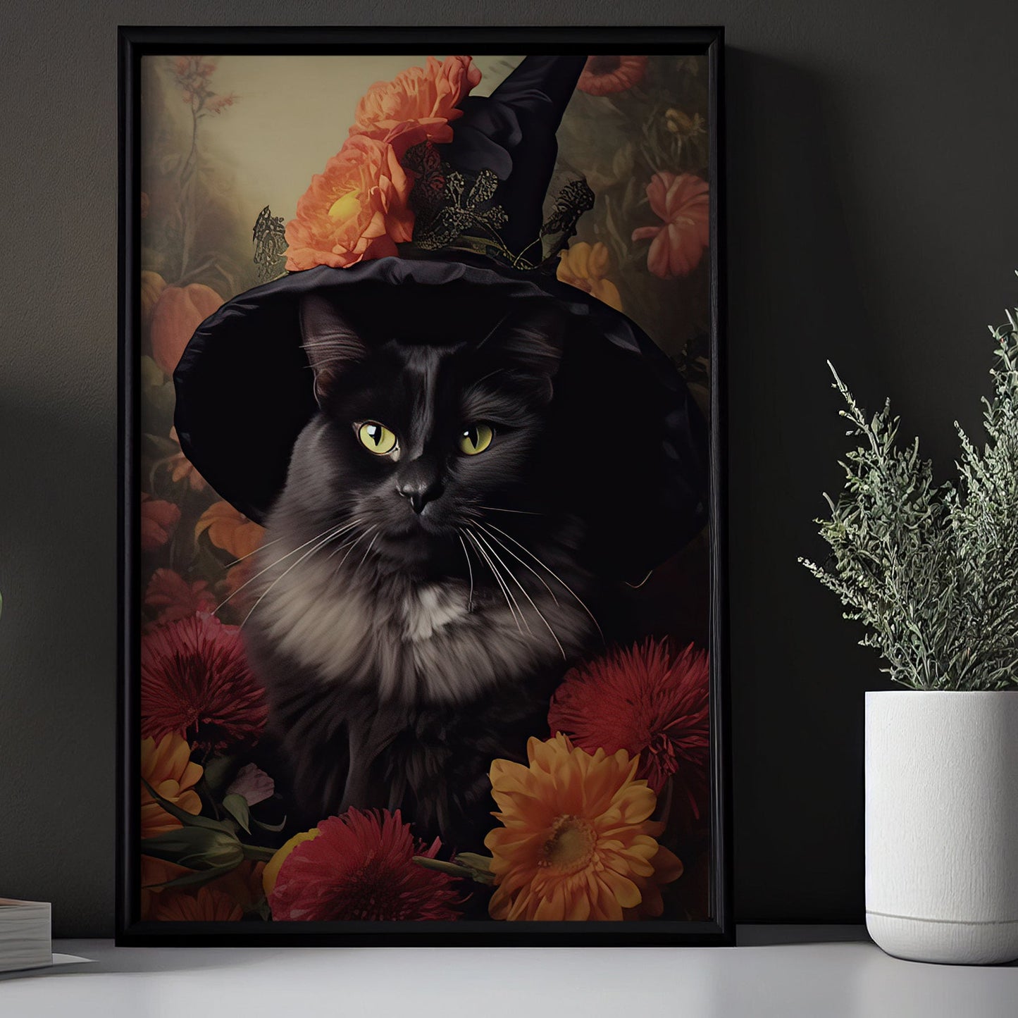 Cottage Black Cat Witch In Flowers Halloween Canvas Painting, Wall Art Decor - Dark Cat Halloween Poster Gift