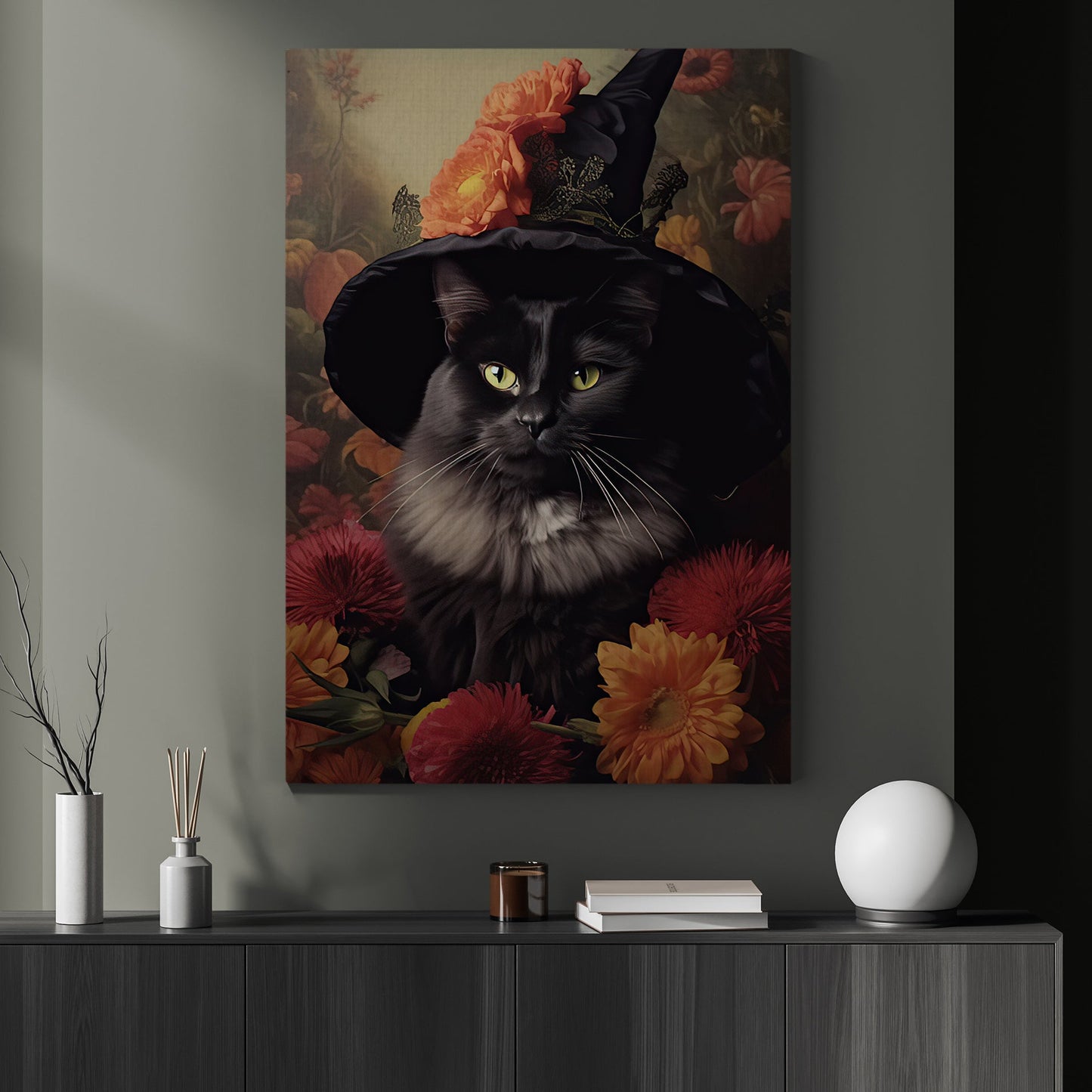 Cottage Black Cat Witch In Flowers Halloween Canvas Painting, Wall Art Decor - Dark Cat Halloween Poster Gift