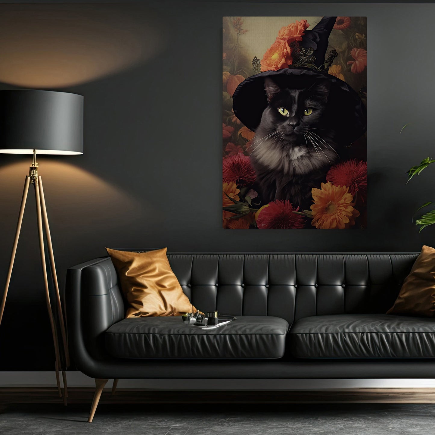 Cottage Black Cat Witch In Flowers Halloween Canvas Painting, Wall Art Decor - Dark Cat Halloween Poster Gift