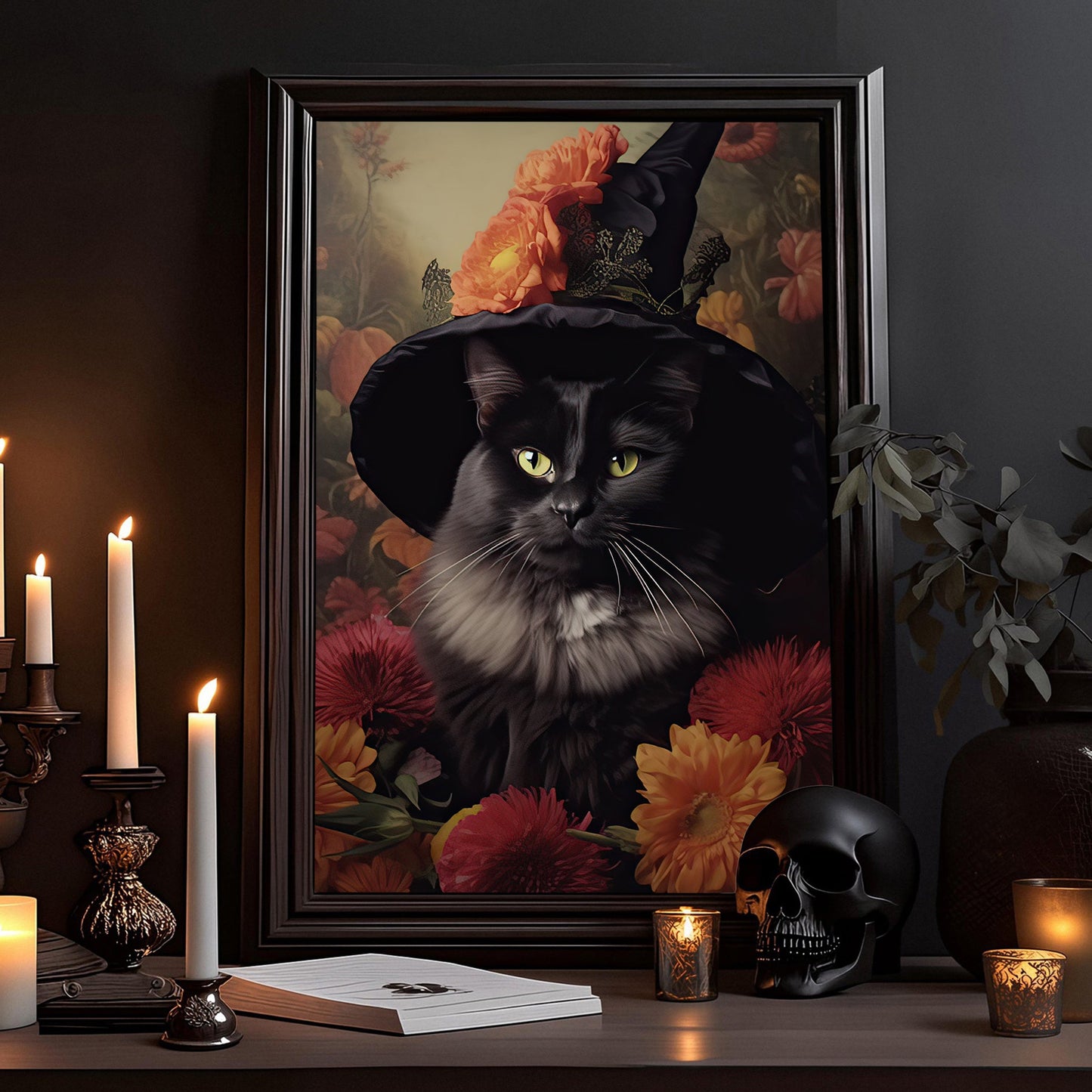 Cottage Black Cat Witch In Flowers Halloween Canvas Painting, Wall Art Decor - Dark Cat Halloween Poster Gift