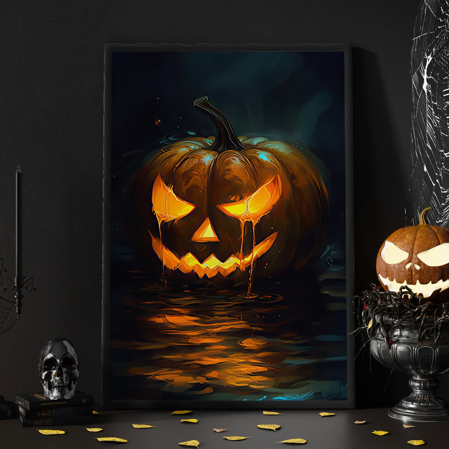 Spooky Pumpkin Halloween Canvas Painting, Wall Art Decor - Dark