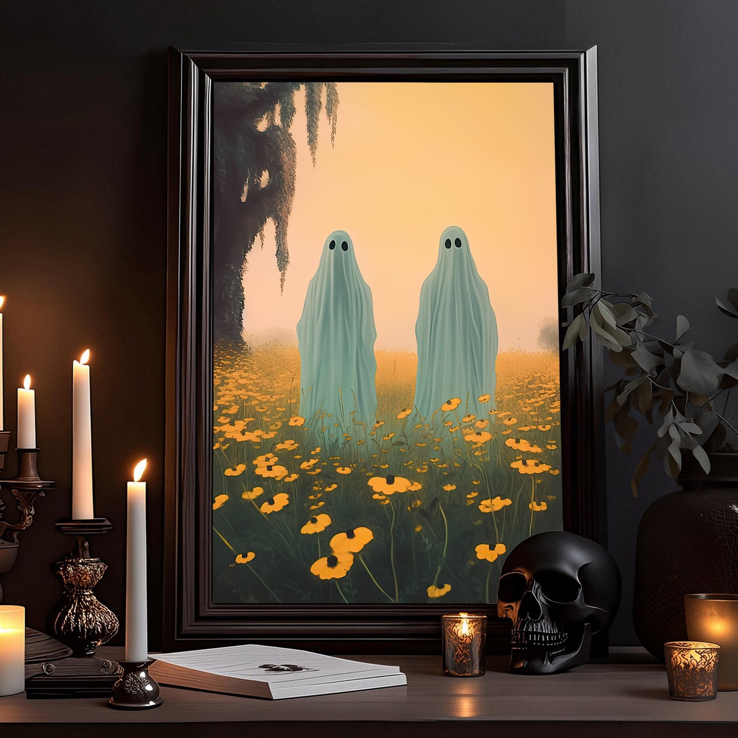 The Ghost In Flower Garden Halloween Canvas Painting, Wall Art Decor - Ghost Halloween Poster Gift
