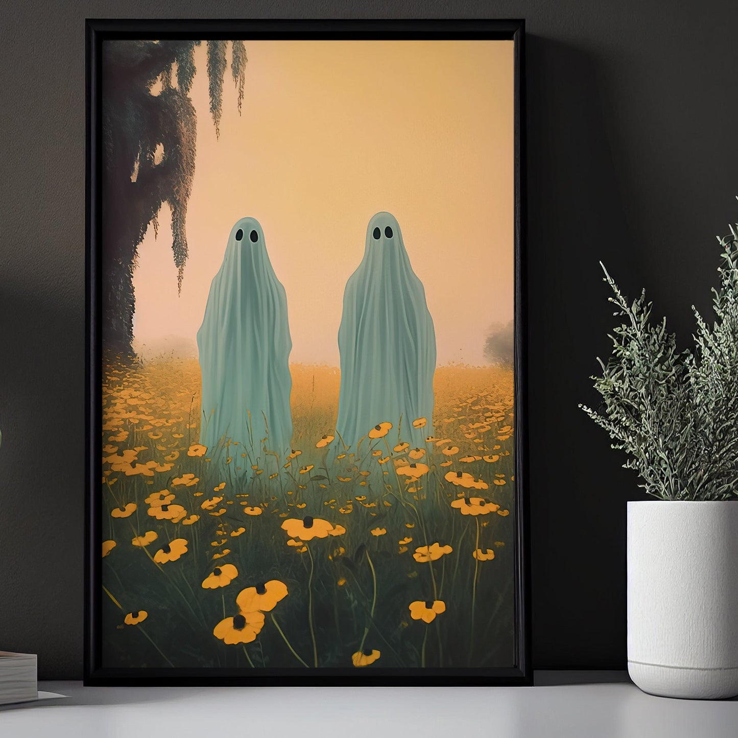 The Ghost In Flower Garden Halloween Canvas Painting, Wall Art Decor - Ghost Halloween Poster Gift