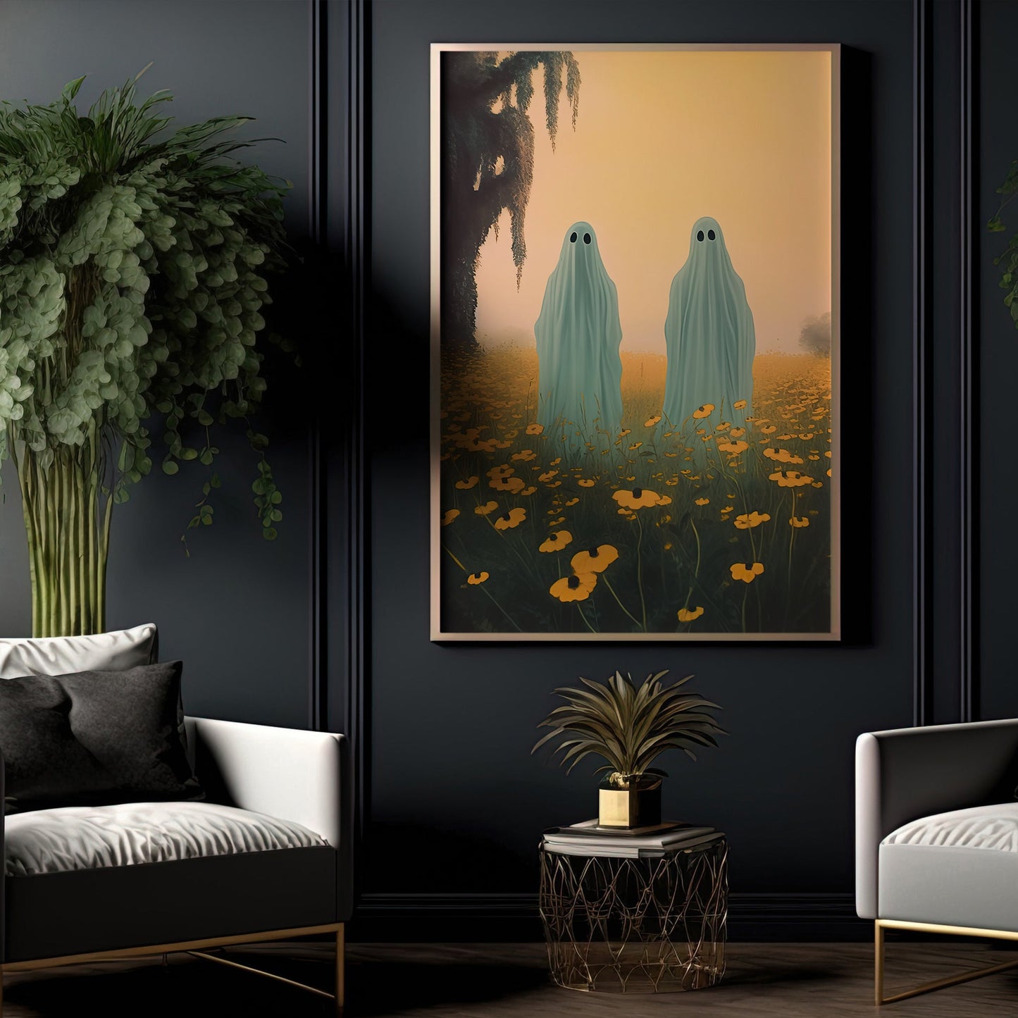 The Ghost In Flower Garden Halloween Canvas Painting, Wall Art Decor - Ghost Halloween Poster Gift