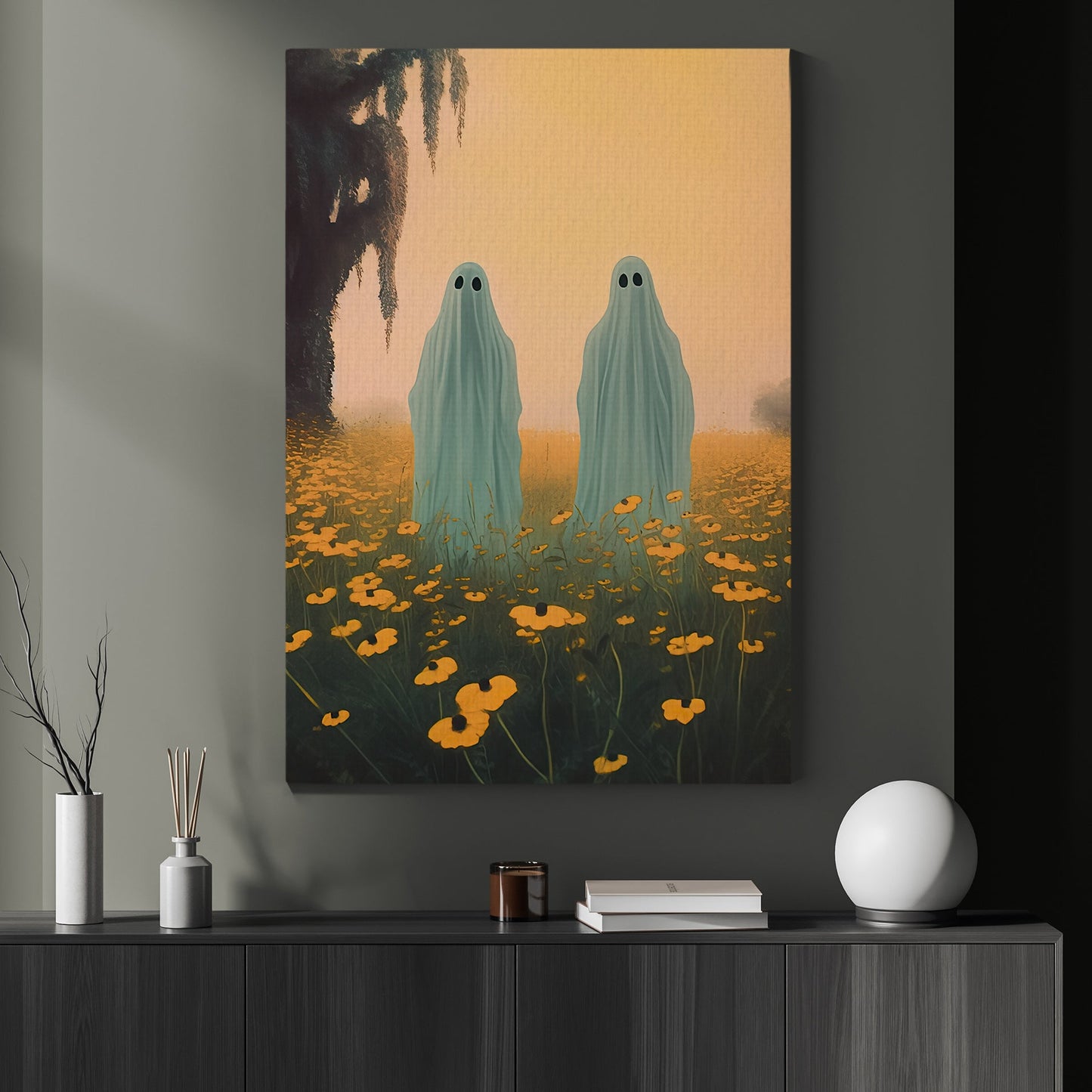 The Ghost In Flower Garden Halloween Canvas Painting, Wall Art Decor - Ghost Halloween Poster Gift
