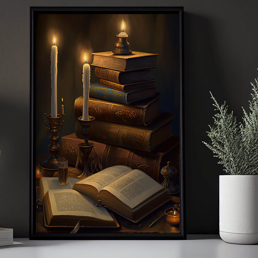 Vintage Magical Book And Candle Lighting Gothic Halloween Canvas Painting, Wall Art Decor - Dark Halloween Poster Gift