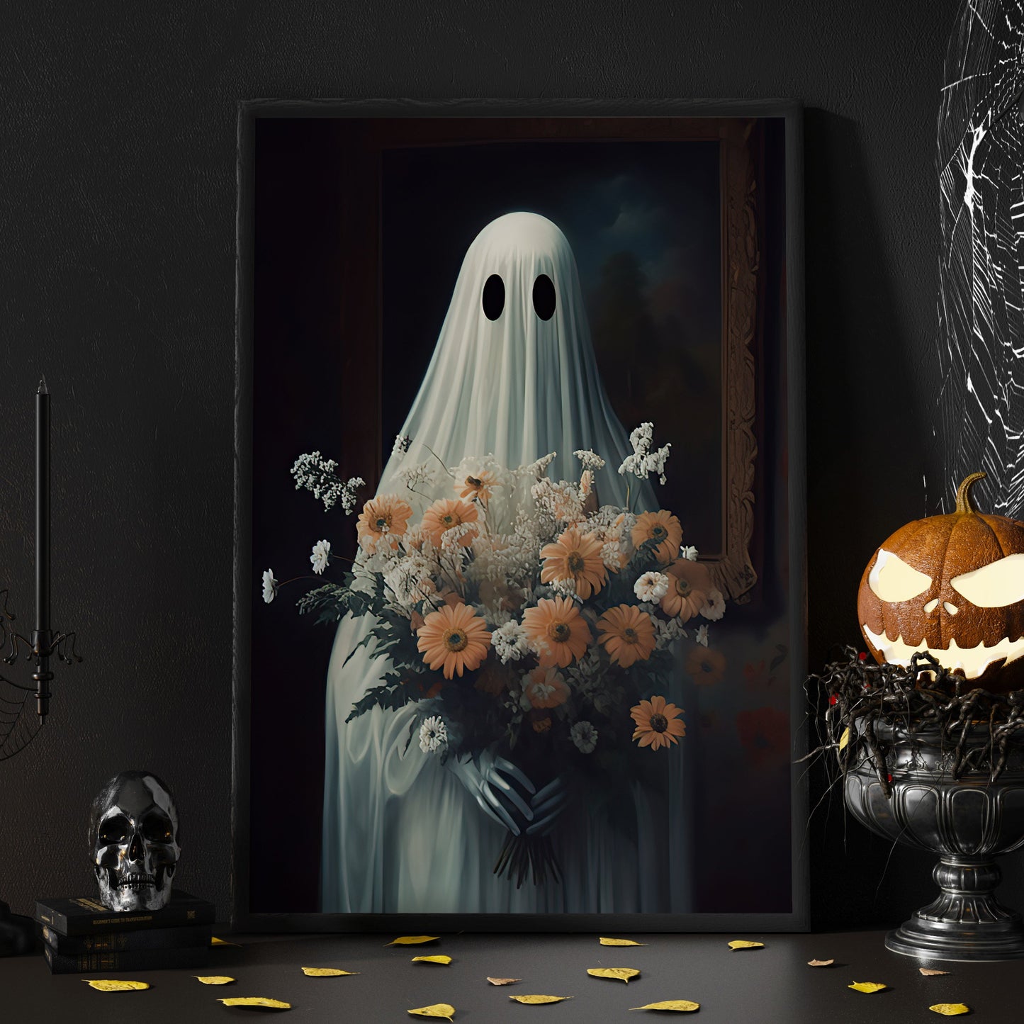 The Ghost Hold Flowers Vintage Halloween Canvas Painting, Wall Art Decor - Dark Gothic Ghost Halloween Poster Gift