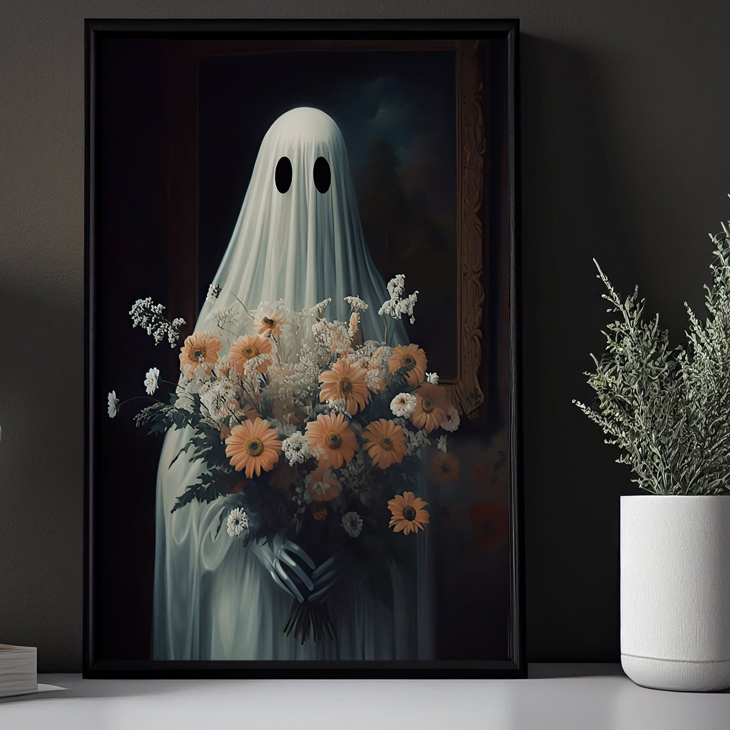 The Ghost Hold Flowers Vintage Halloween Canvas Painting, Wall Art Decor - Dark Gothic Ghost Halloween Poster Gift