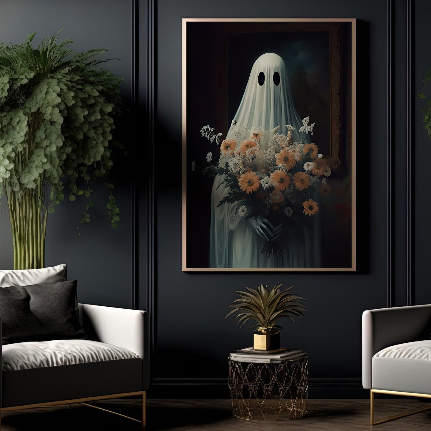 The Ghost Hold Flowers Vintage Halloween Canvas Painting, Wall Art Decor - Dark Gothic Ghost Halloween Poster Gift