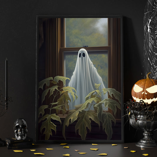 The Ghost Behind The Window Halloween Canvas Painting, Wall Art Decor - Vintage Ghost Halloween Poster Gift