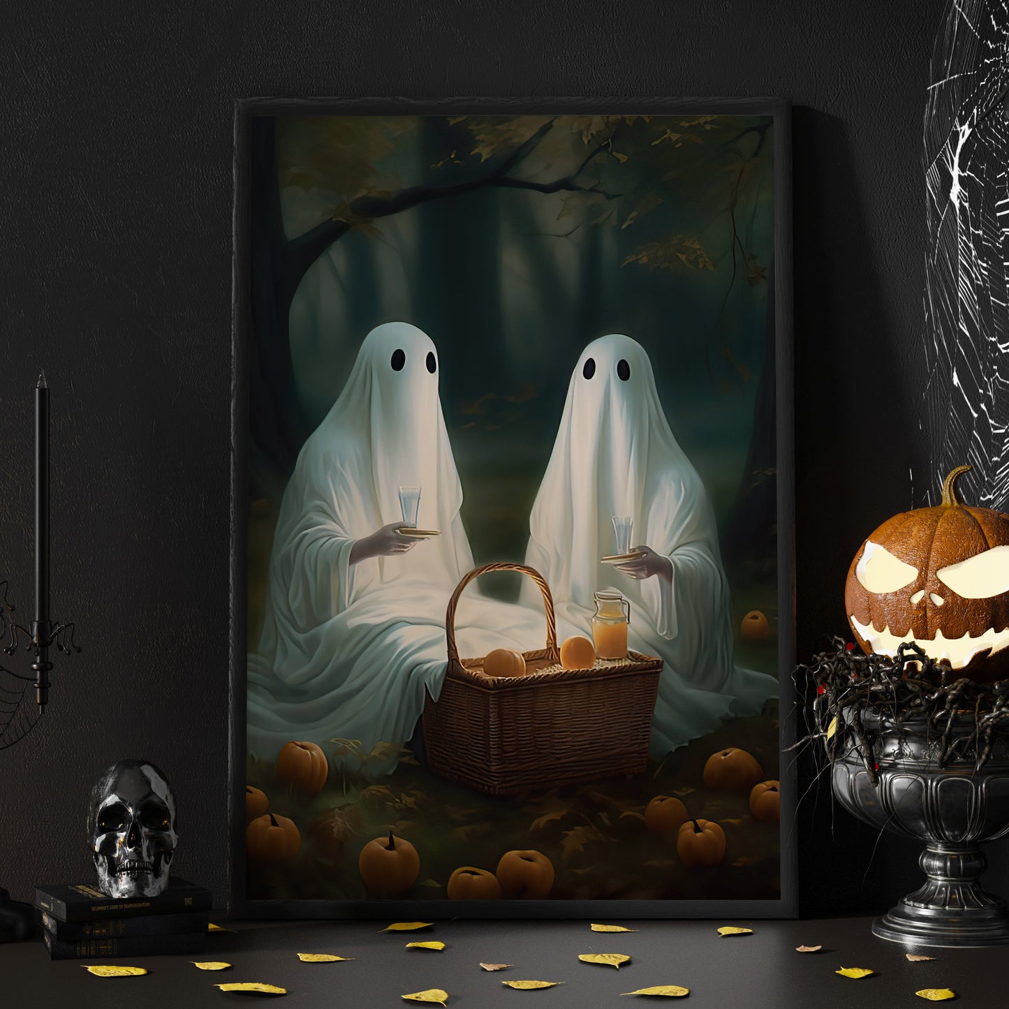 Couple Ghost In Fruit Garden Vintage Halloween Canvas Painting, Wall Art Decor - Dark Gothic Ghost Halloween Poster Gift