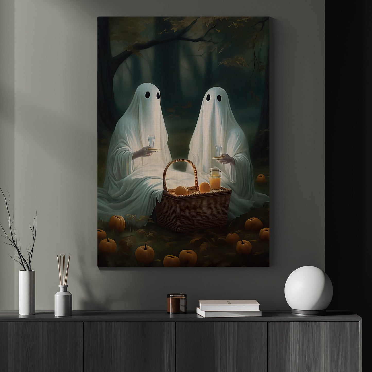 Couple Ghost In Fruit Garden Vintage Halloween Canvas Painting, Wall Art Decor - Dark Gothic Ghost Halloween Poster Gift