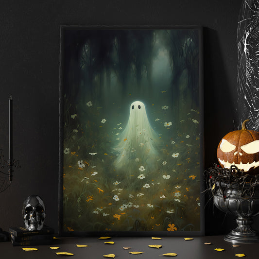 Dreaming Ghost In Wild Flowers Vintage Halloween Canvas Painting, Wall Art Decor - Dark Ghost Halloween Poster Gift