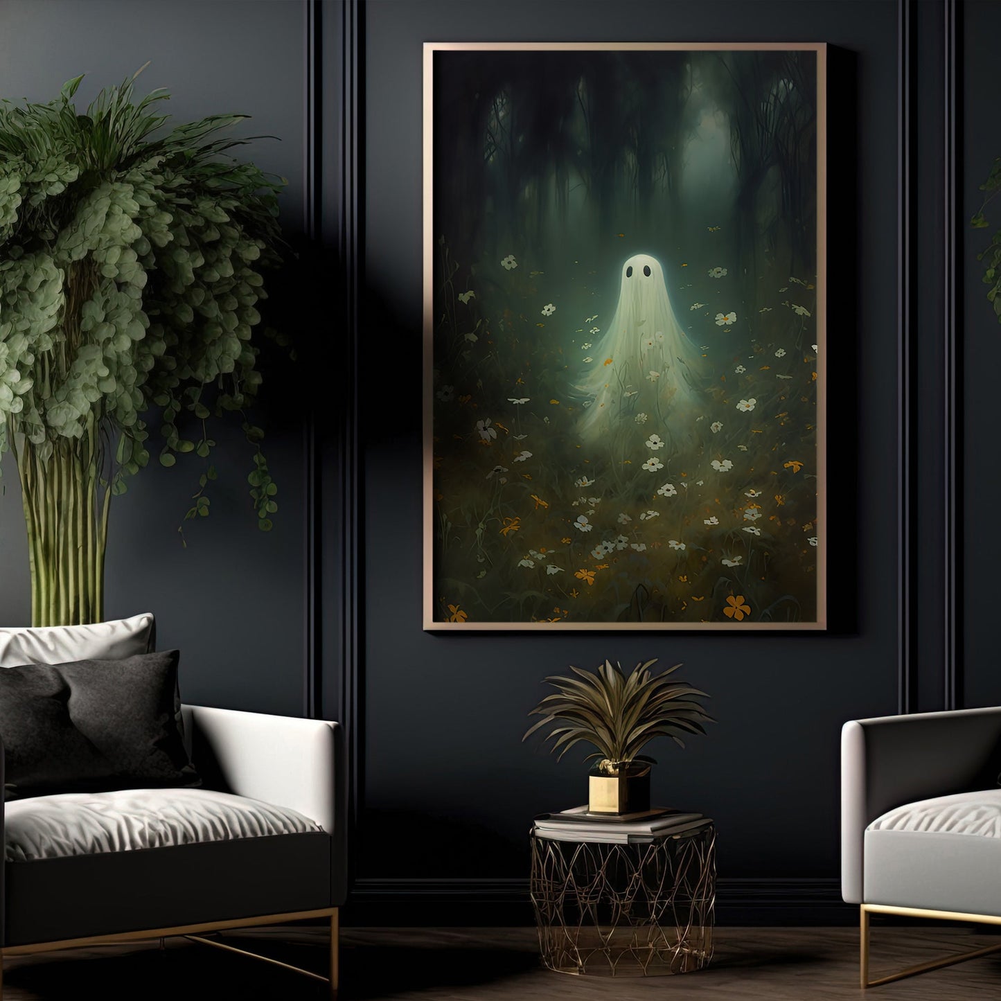 Dreaming Ghost In Wild Flowers Vintage Halloween Canvas Painting, Wall Art Decor - Dark Ghost Halloween Poster Gift