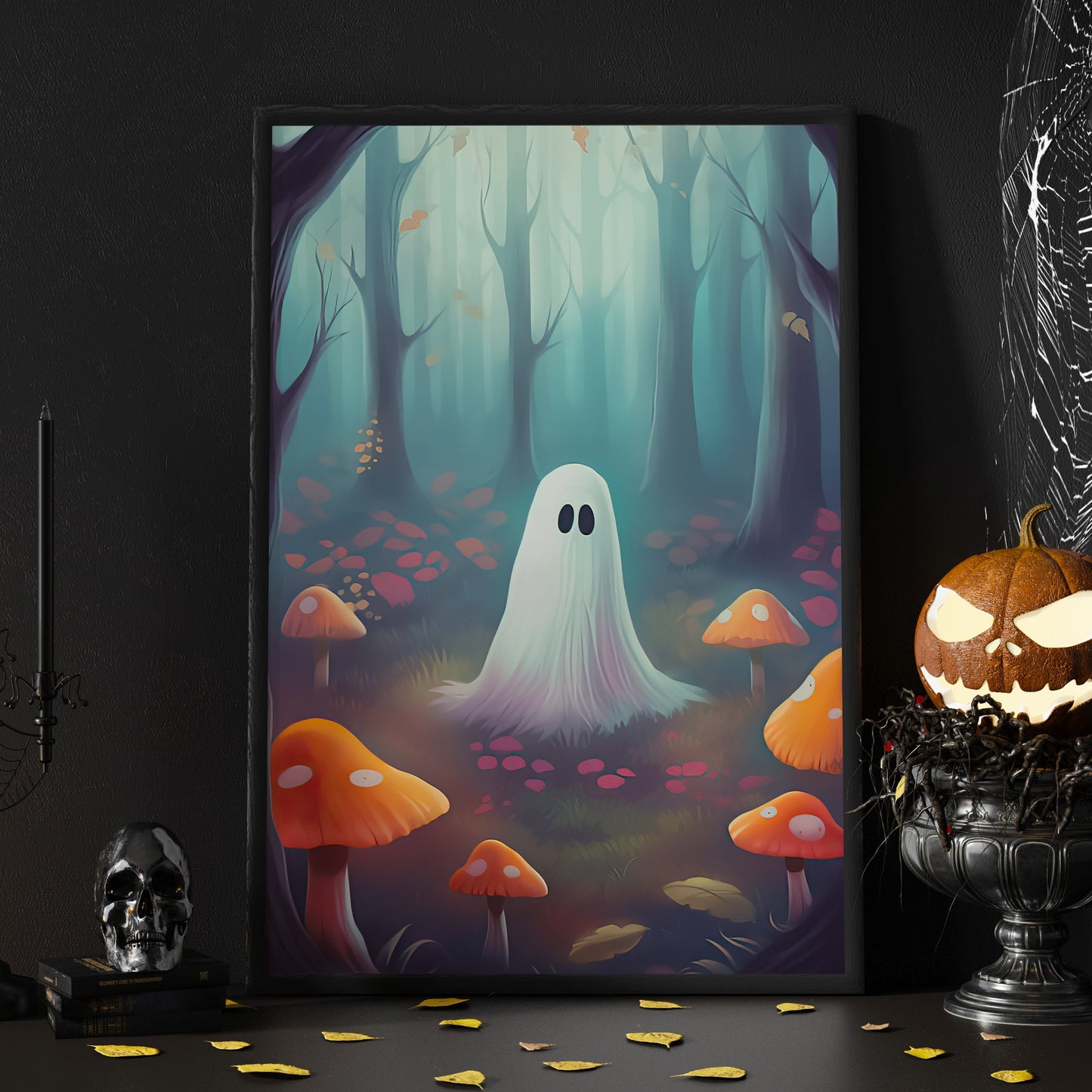 Baby Ghost In Mushroom Forest Vintage Halloween Canvas Painting, Wall Art Decor - Dark Surreal Ghost Halloween Poster Gift