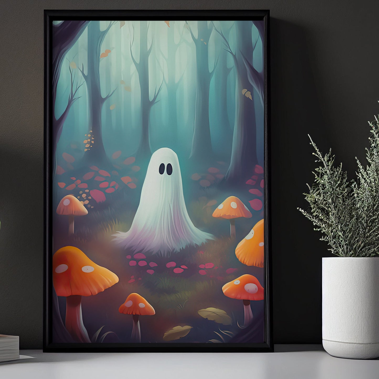 Baby Ghost In Mushroom Forest Vintage Halloween Canvas Painting, Wall Art Decor - Dark Surreal Ghost Halloween Poster Gift