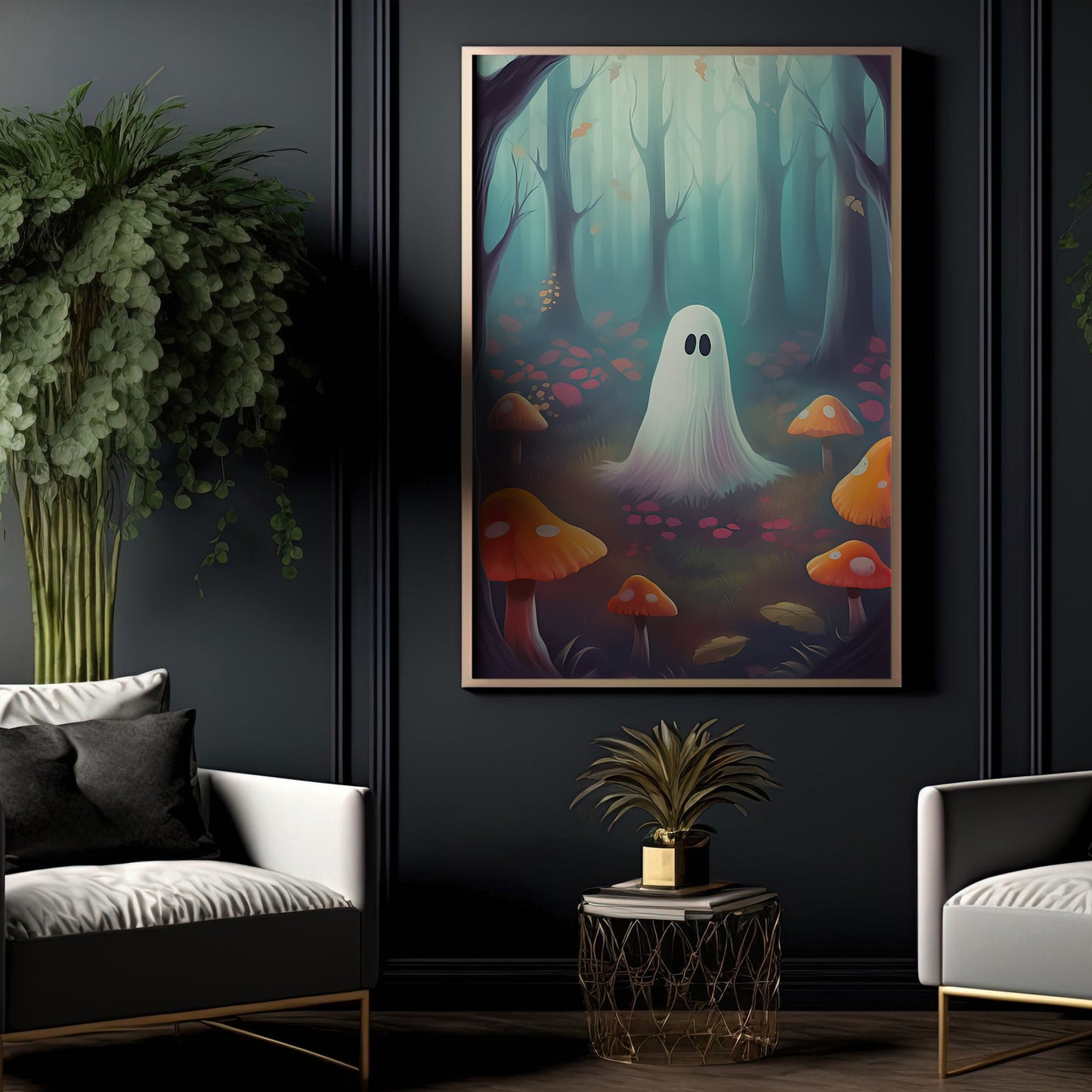 Baby Ghost In Mushroom Forest Vintage Halloween Canvas Painting, Wall Art Decor - Dark Surreal Ghost Halloween Poster Gift