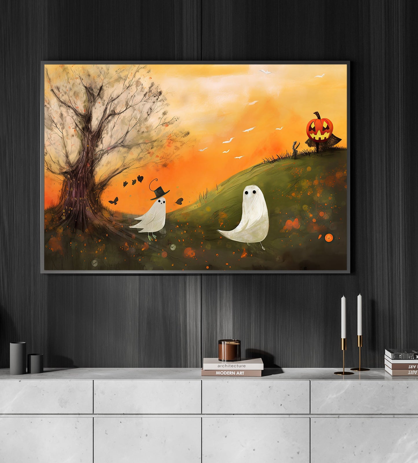 Ghost And Witch Pumpkin Hang Out Halloween Canvas Painting, Wall Art Decor - Dark Ghost Halloween Poster Gift