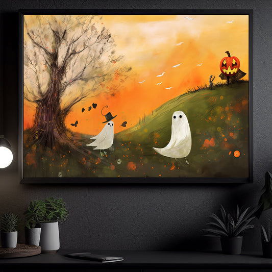 Ghost And Witch Pumpkin Hang Out Halloween Canvas Painting, Wall Art Decor - Dark Ghost Halloween Poster Gift