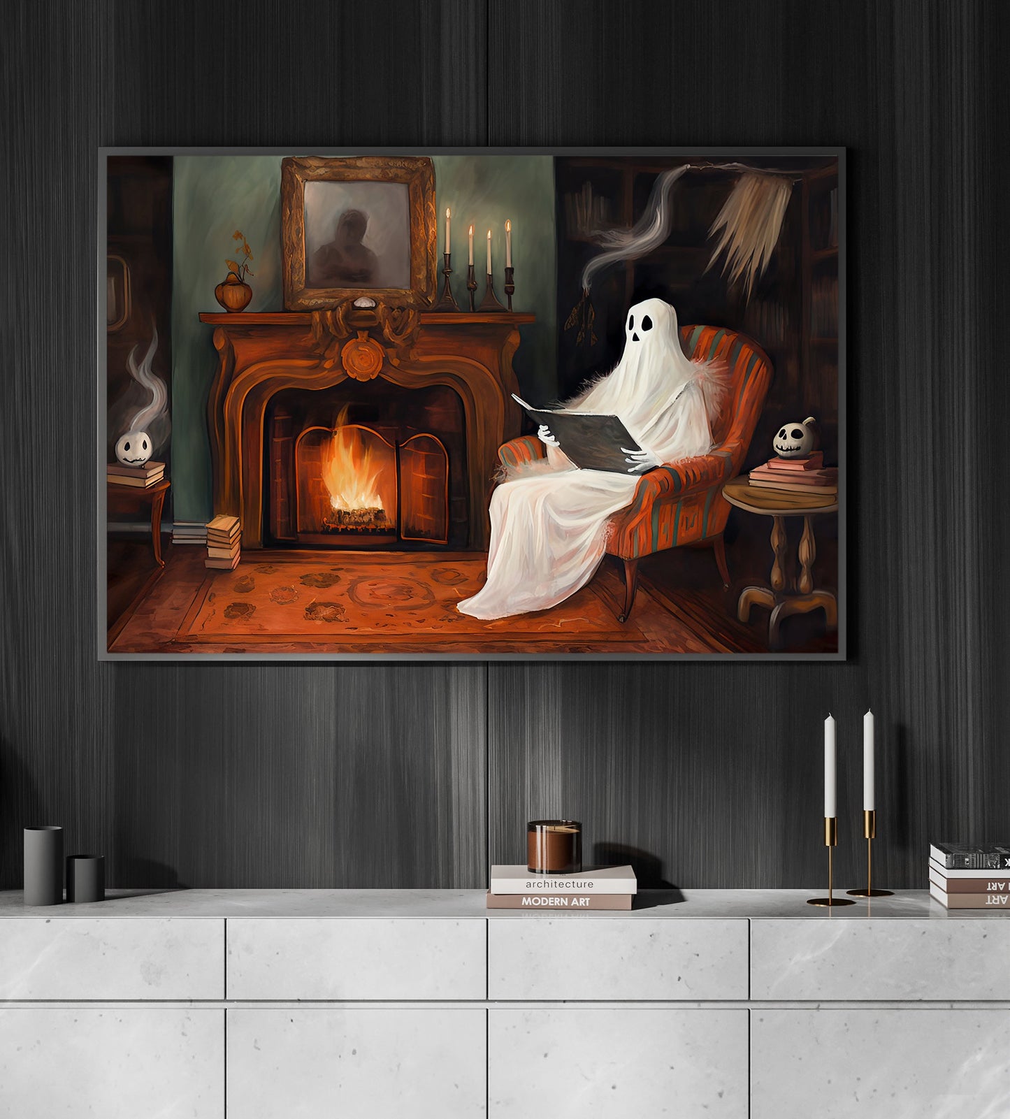 The Ghost In Warming House Relax And Reading Book Vintage Halloween Canvas Painting, Wall Art Decor - Dark Gothic Ghost Halloween Poster Gift