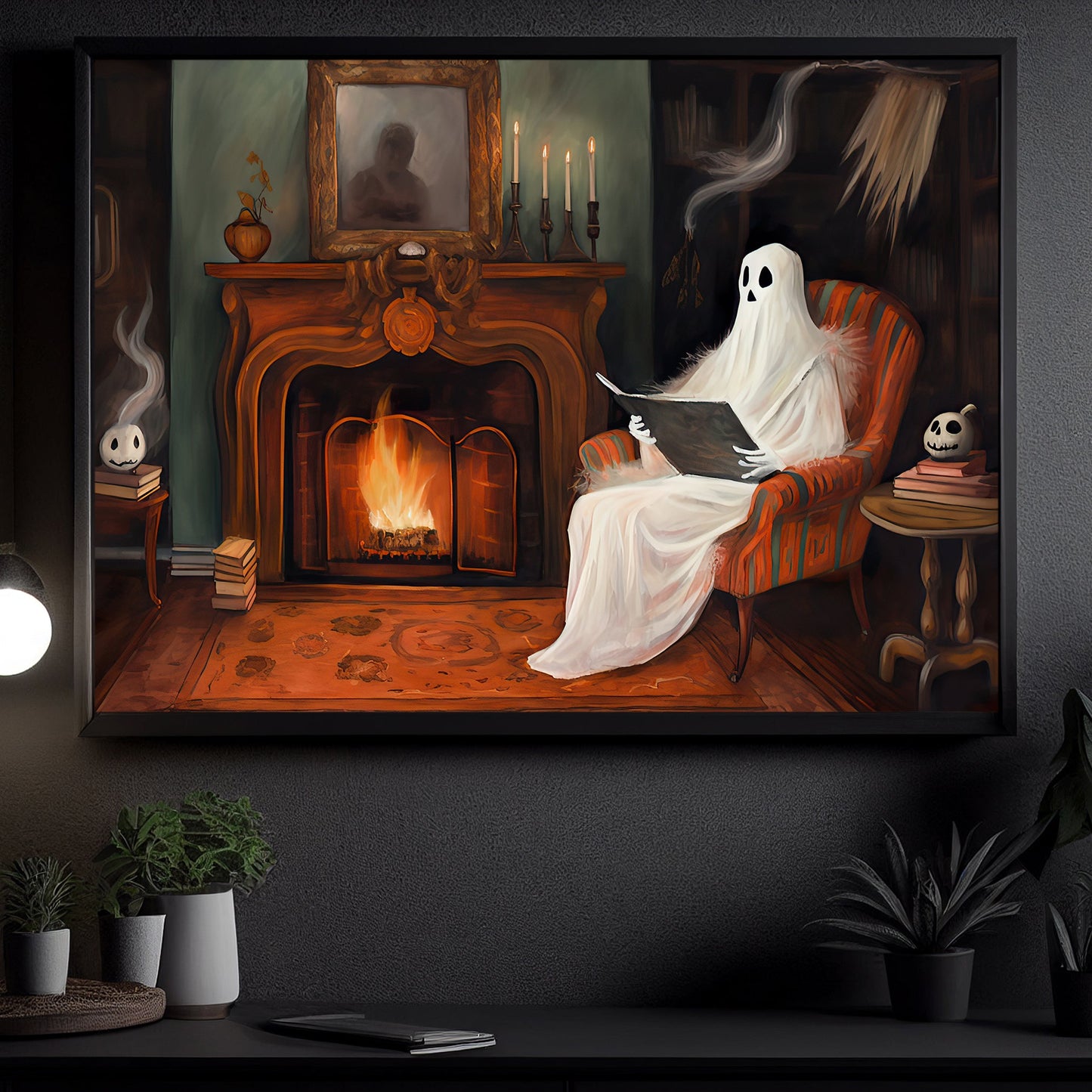 The Ghost In Warming House Relax And Reading Book Vintage Halloween Canvas Painting, Wall Art Decor - Dark Gothic Ghost Halloween Poster Gift