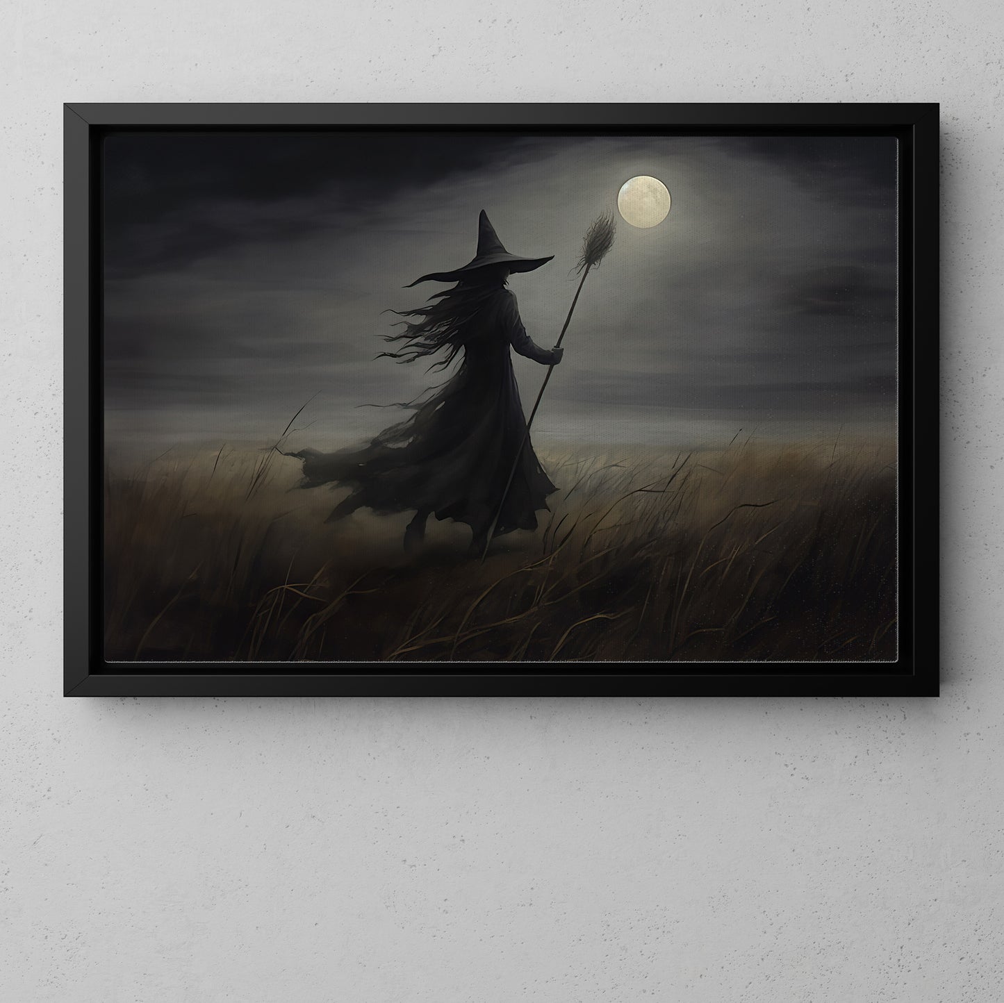 Alone Witch In The Field Halloween Canvas Painting, Wall Art Decor - Dark Witch Halloween Poster Gift