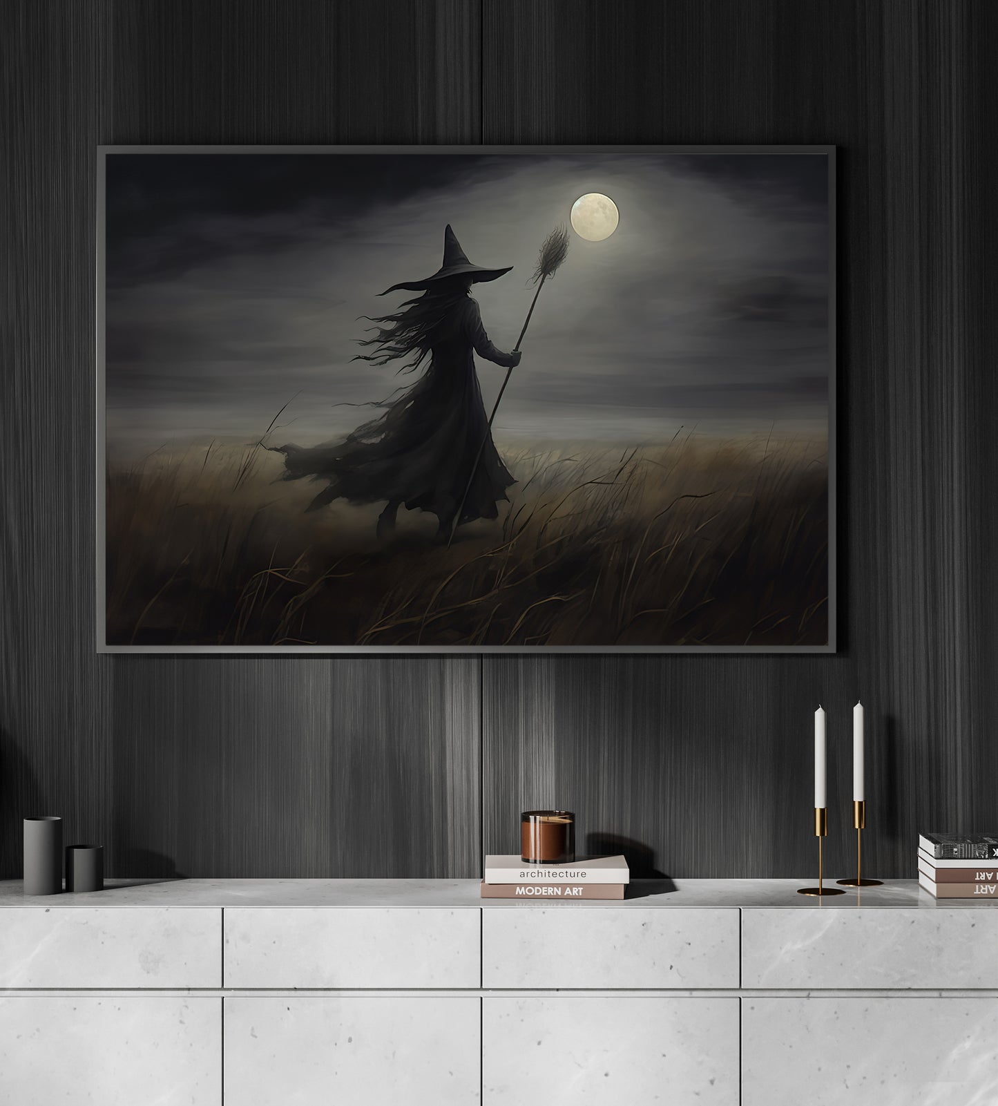 Alone Witch In The Field Halloween Canvas Painting, Wall Art Decor - Dark Witch Halloween Poster Gift