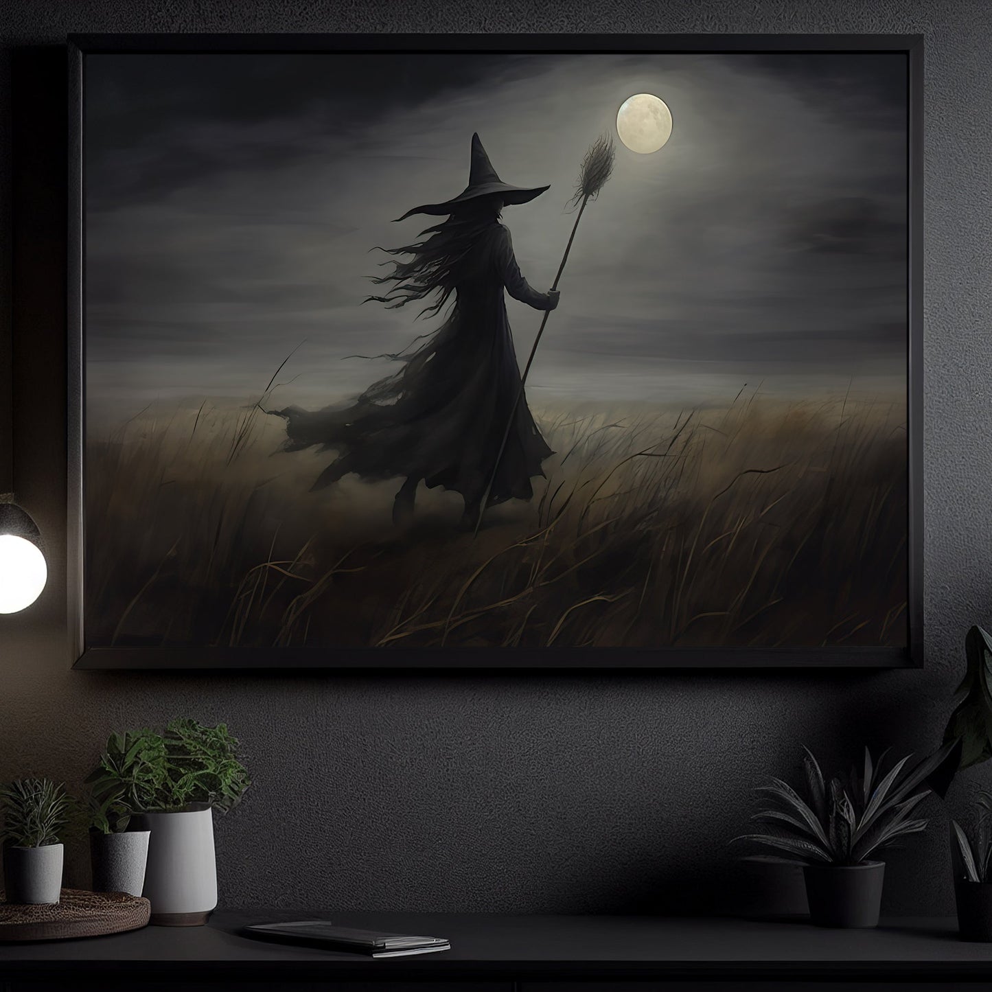 Alone Witch In The Field Halloween Canvas Painting, Wall Art Decor - Dark Witch Halloween Poster Gift