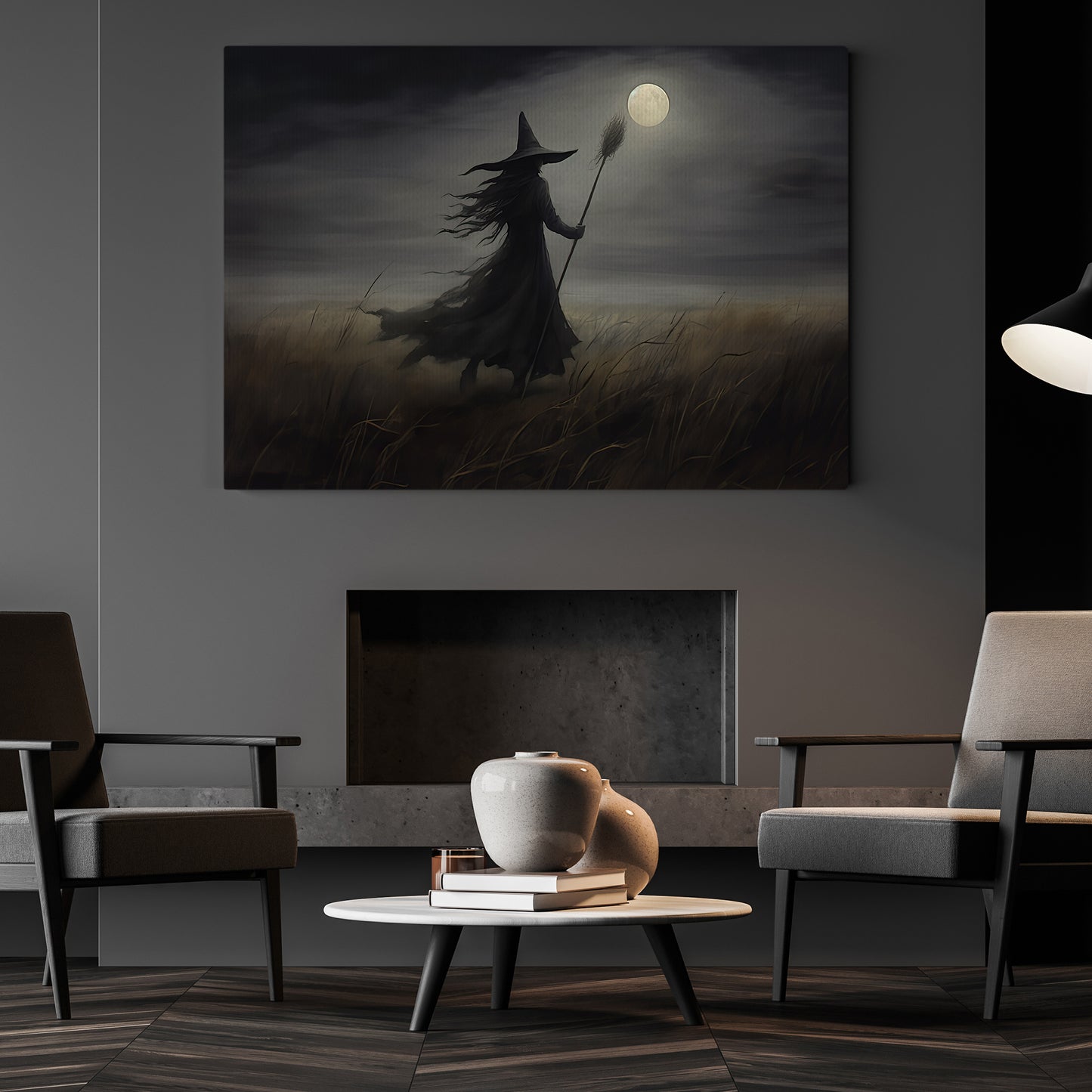 Alone Witch In The Field Halloween Canvas Painting, Wall Art Decor - Dark Witch Halloween Poster Gift