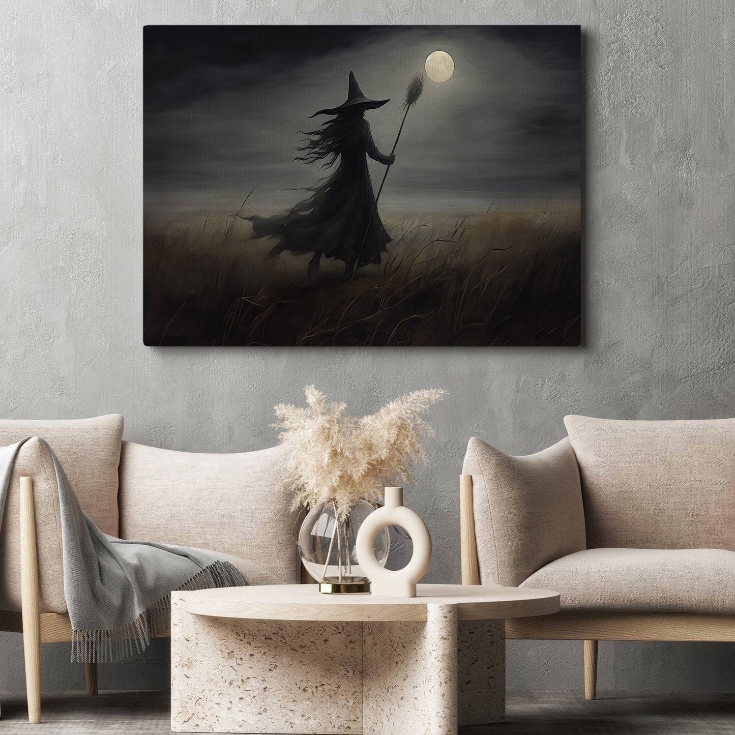 Alone Witch In The Field Halloween Canvas Painting, Wall Art Decor - Dark Witch Halloween Poster Gift