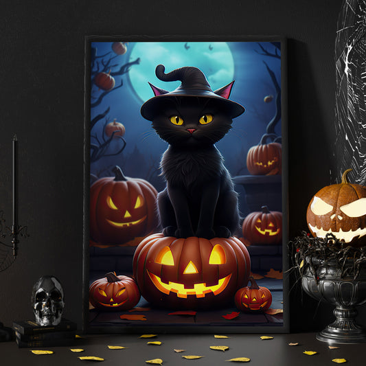 Cute Black Cat Witch Pumpkin Glowing Halloween Halloween Canvas Painting, Wall Art Decor - Black Cat Halloween Poster Gift