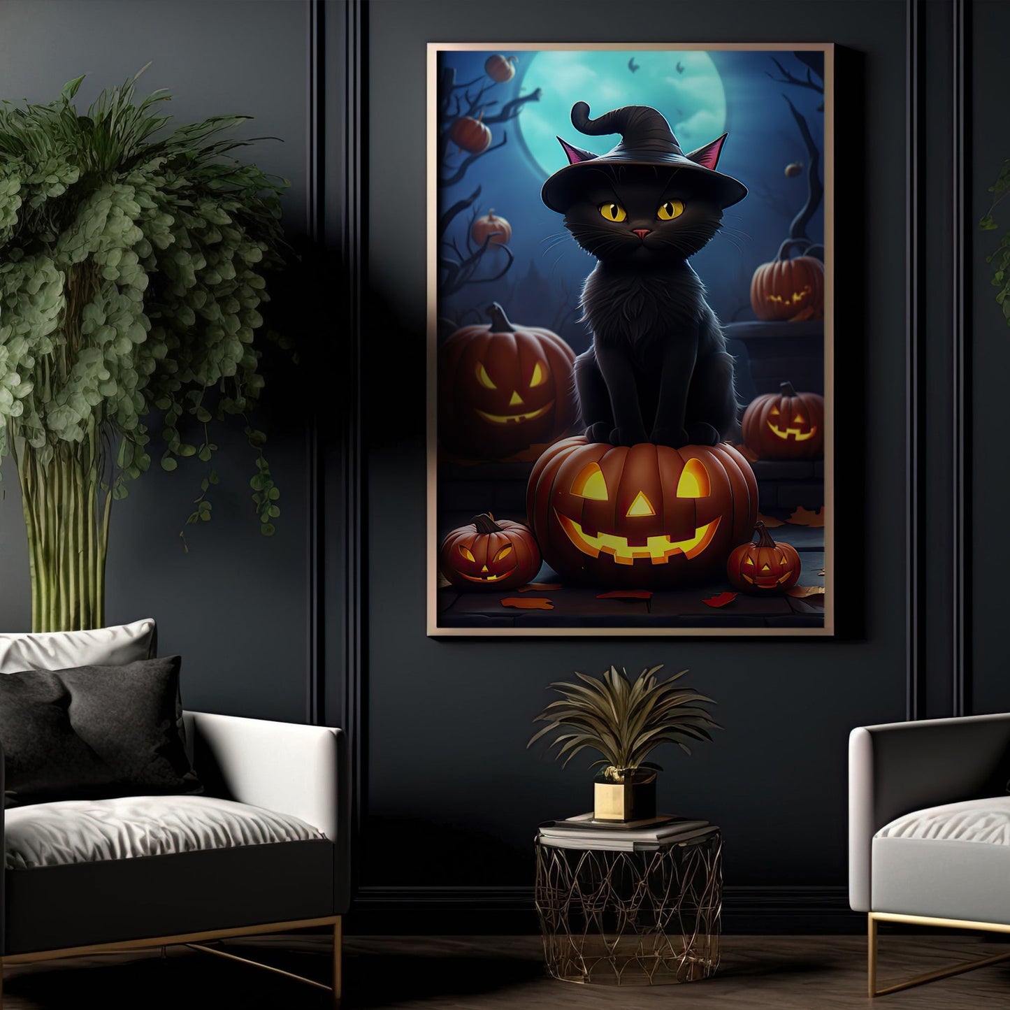 Cute Black Cat Witch Pumpkin Glowing Halloween Halloween Canvas Painting, Wall Art Decor - Black Cat Halloween Poster Gift